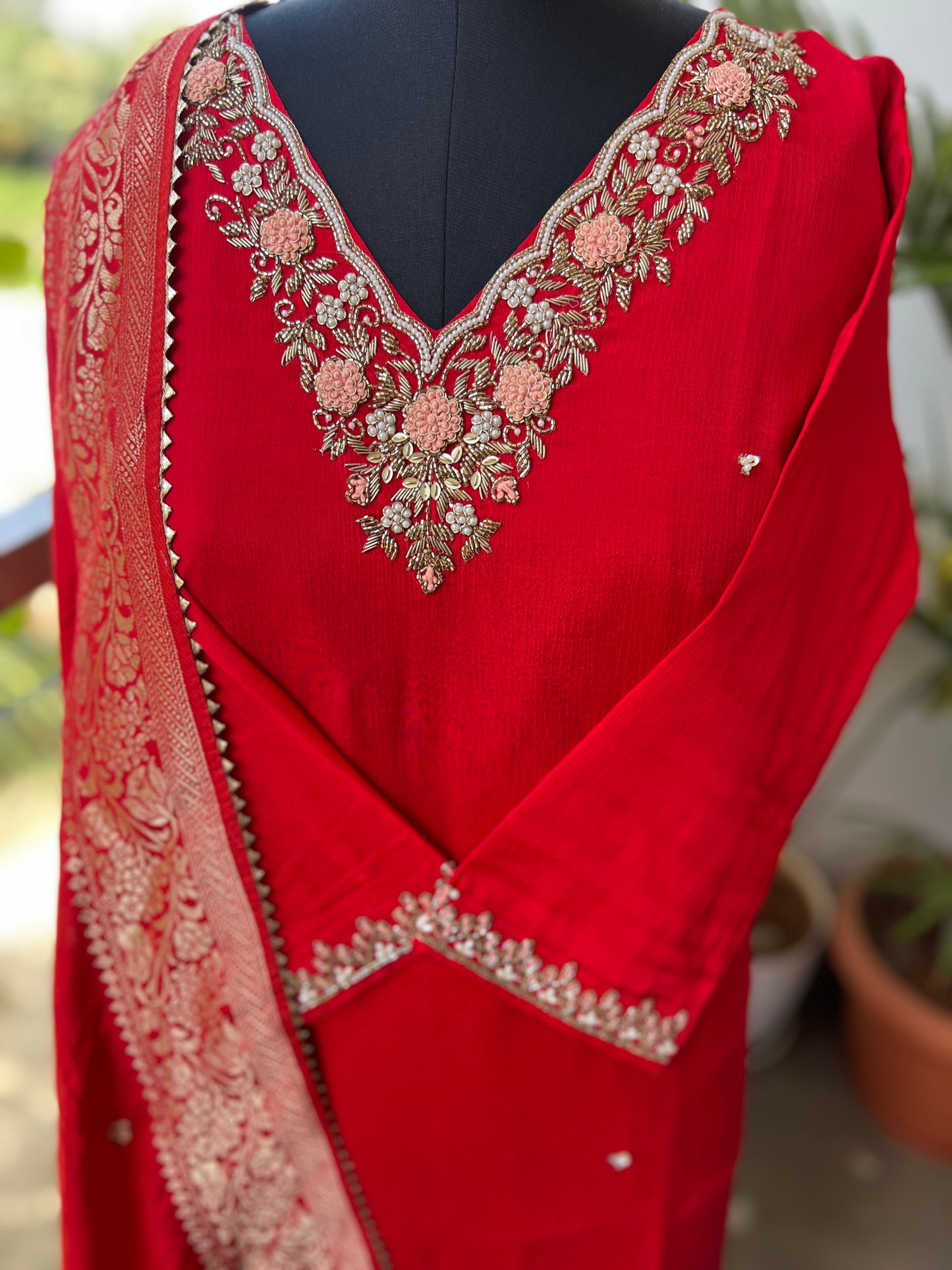 Red Chinnon Suit with Handwork & Silk Banarasi Dupatta