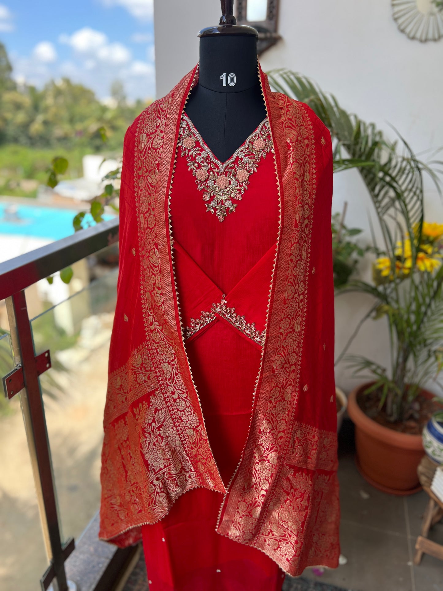 Red Chinnon Suit with Handwork & Silk Banarasi Dupatta