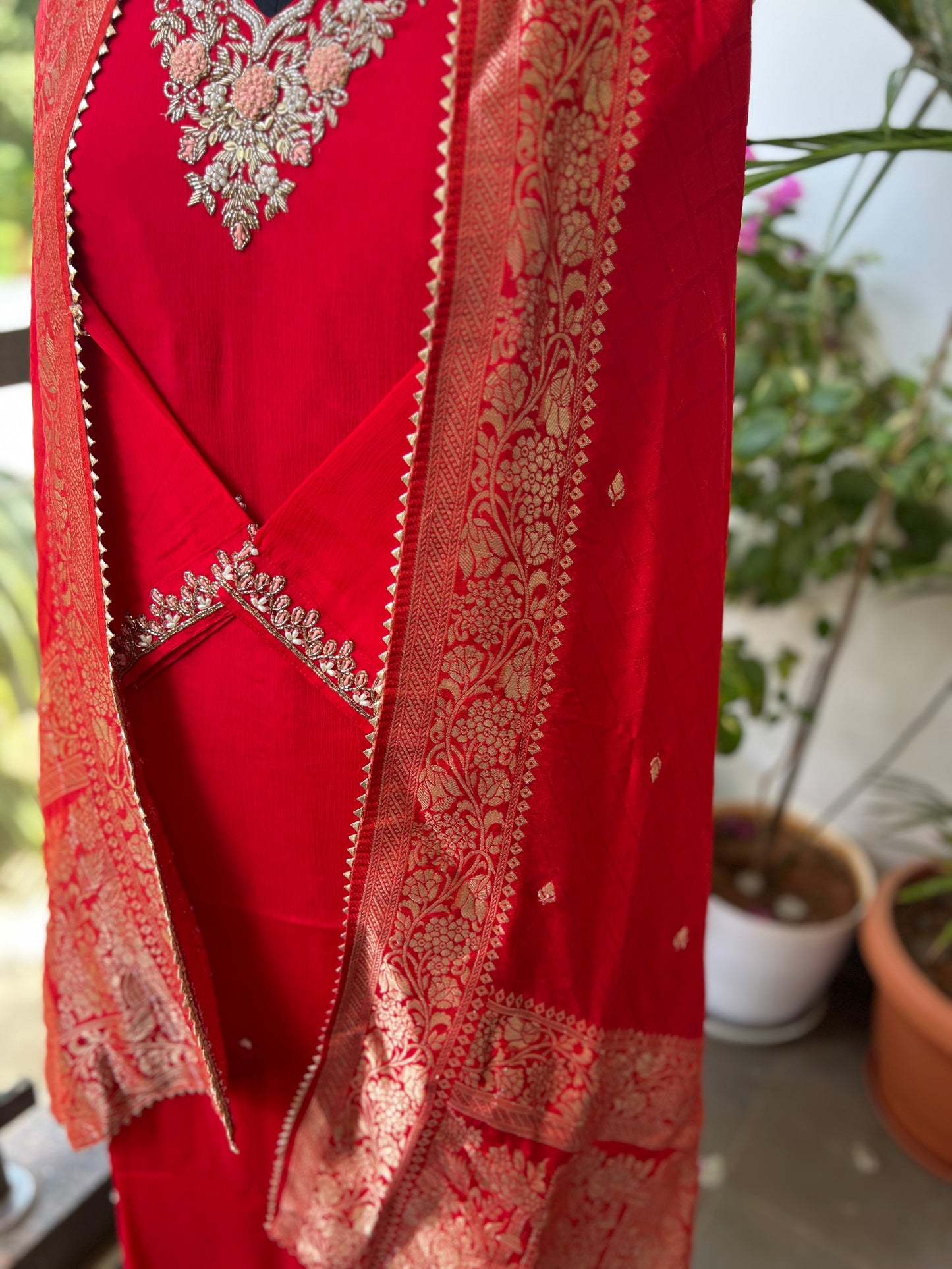 Red Chinnon Suit with Handwork & Silk Banarasi Dupatta