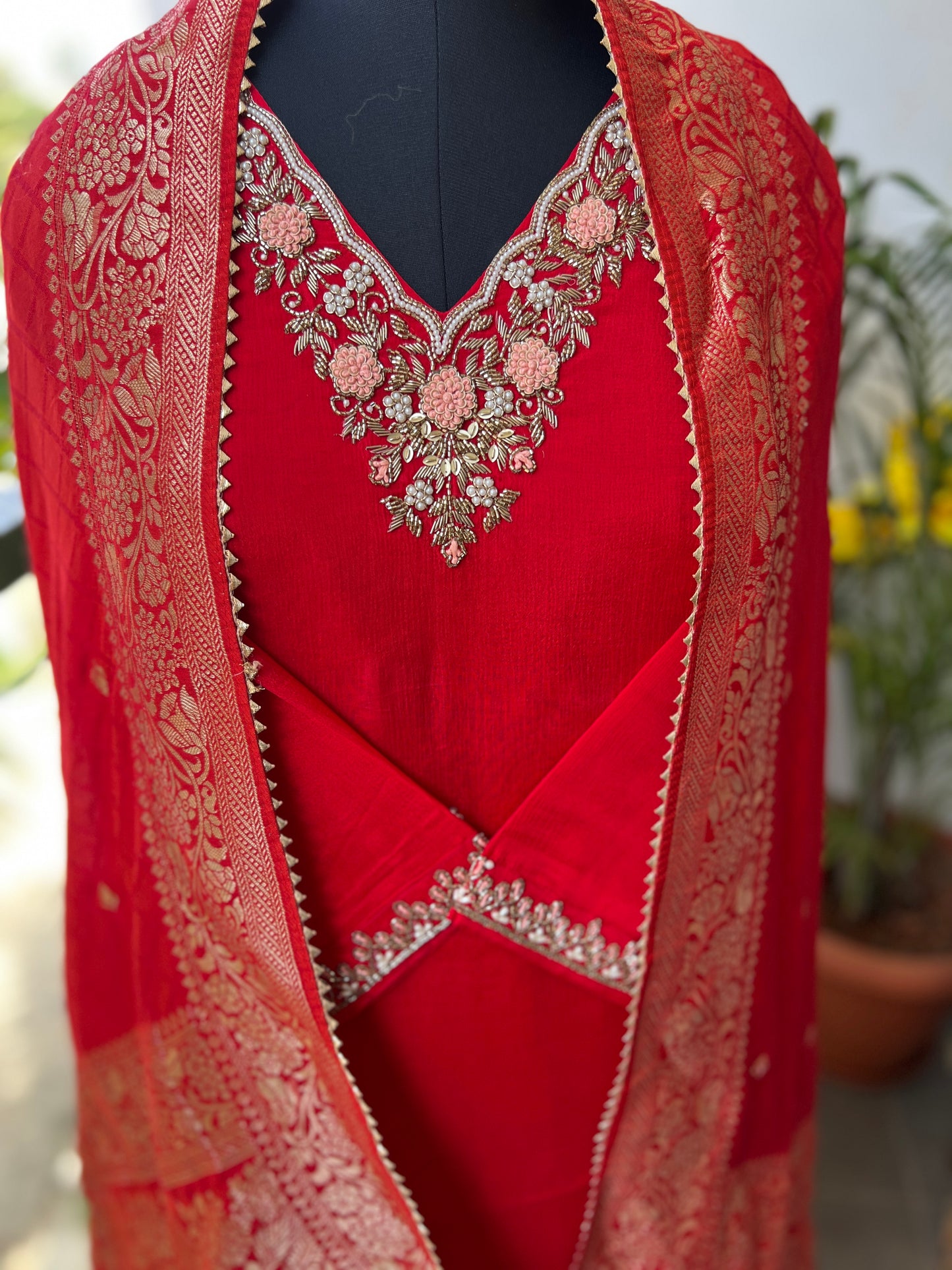 Red Chinnon Suit with Handwork & Silk Banarasi Dupatta