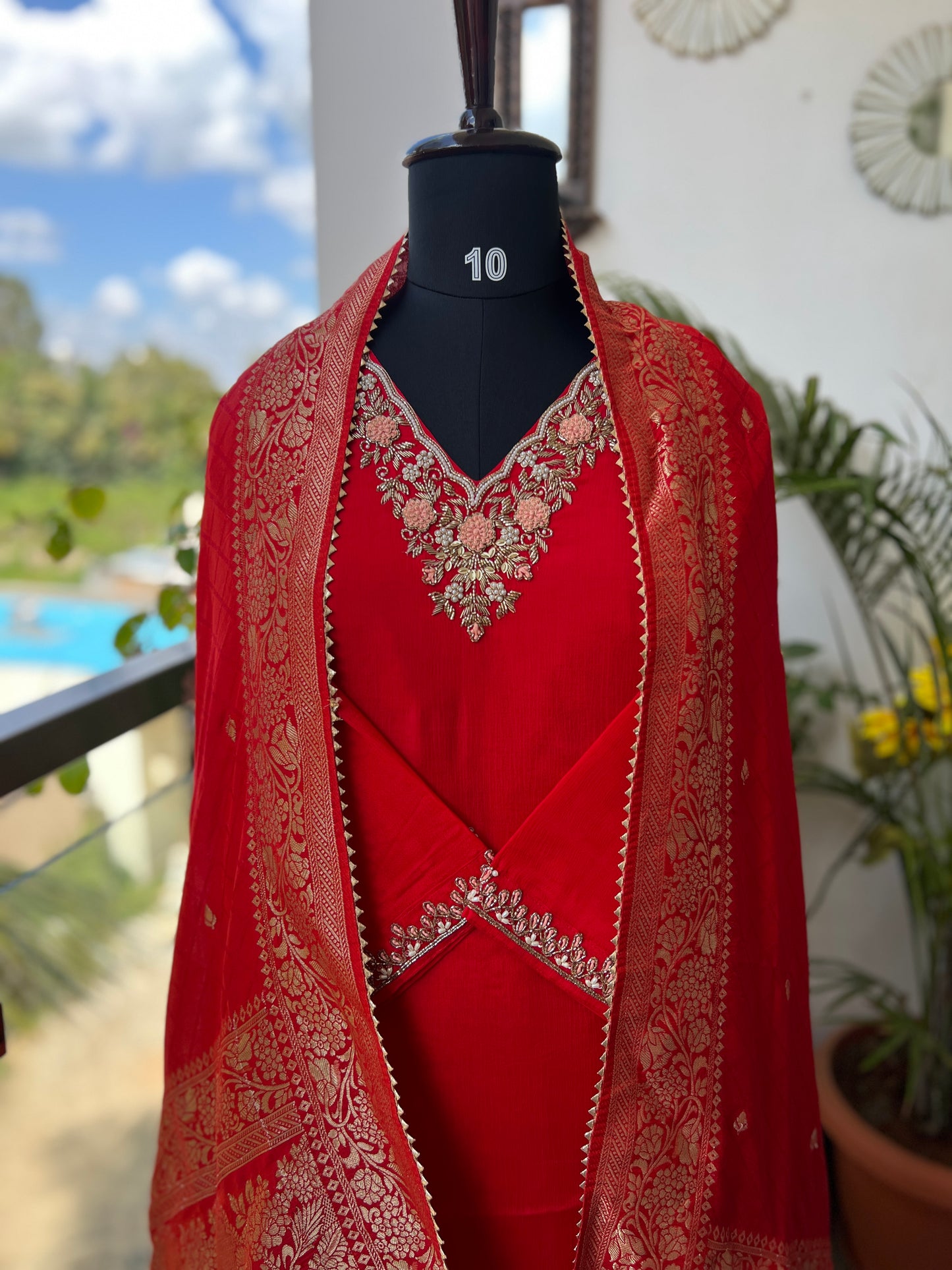 Red Chinnon Suit with Handwork & Silk Banarasi Dupatta