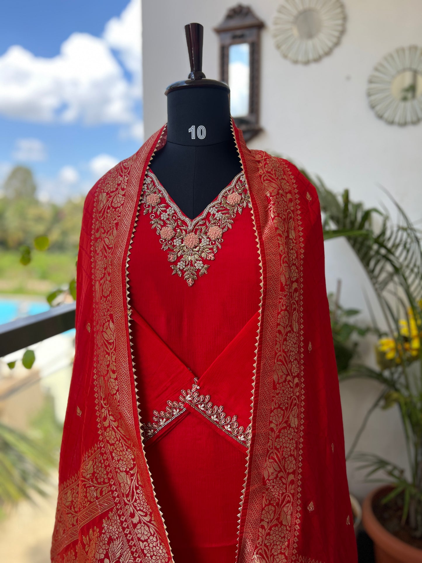 Red Chinnon Suit with Handwork & Silk Banarasi Dupatta