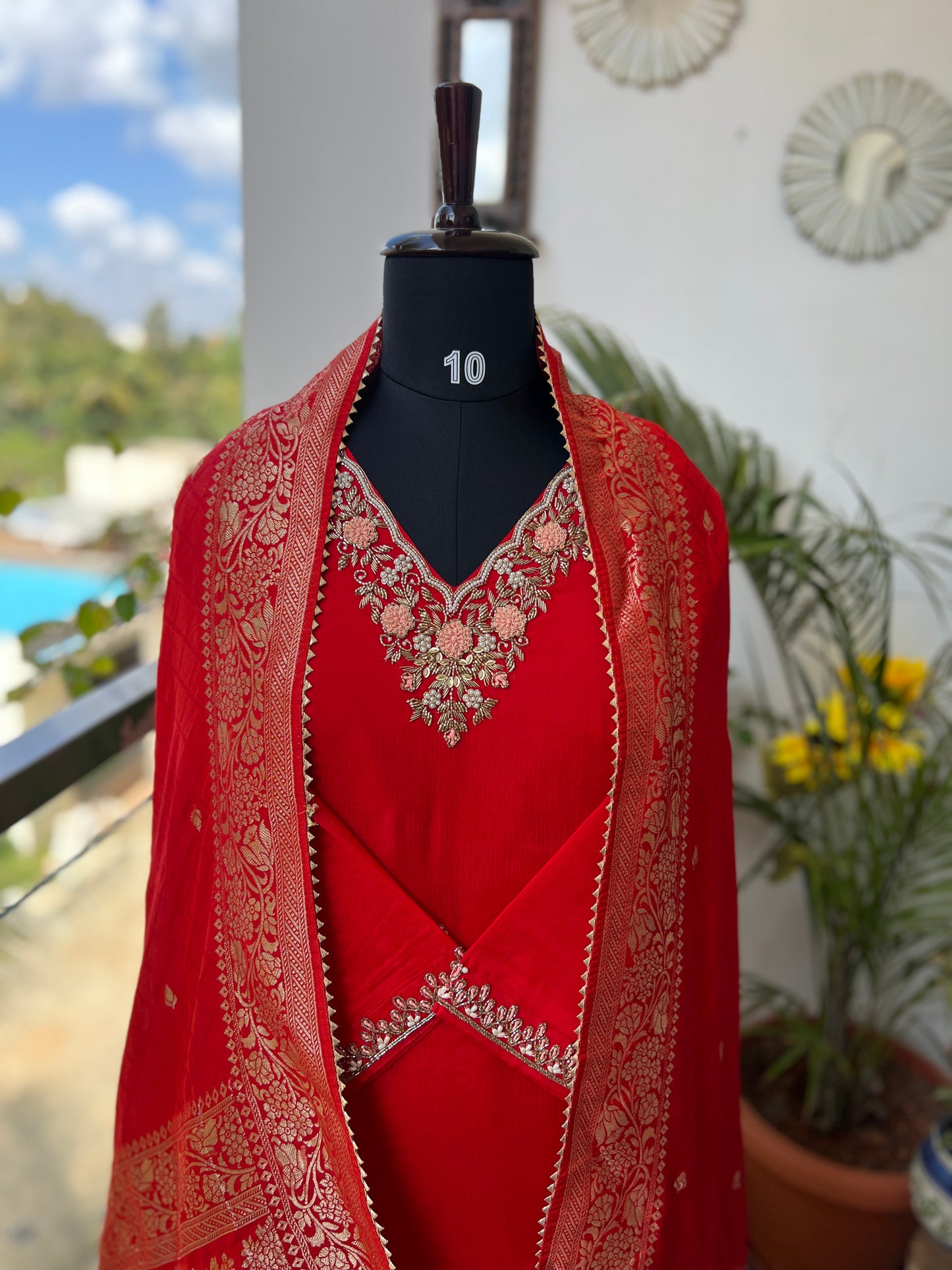 Red Chinnon Suit with Handwork & Silk Banarasi Dupatta