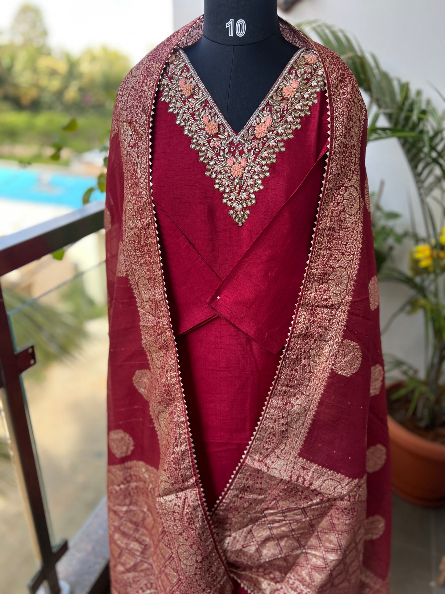 Maroon Dola Silk Suit with Handwork & Tissue Banarasi Dupatta