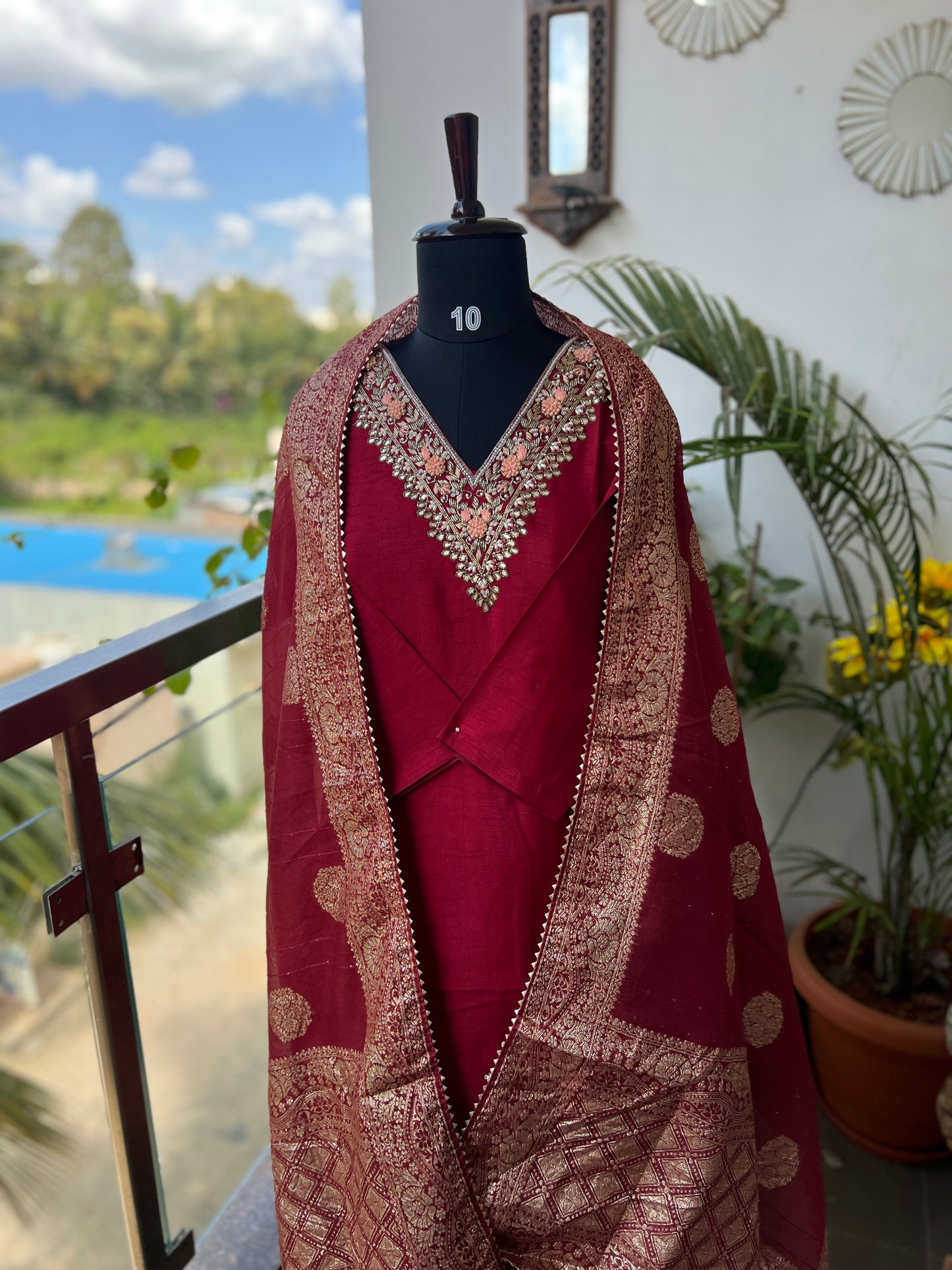 Maroon Dola Silk Suit with Handwork & Tissue Banarasi Dupatta