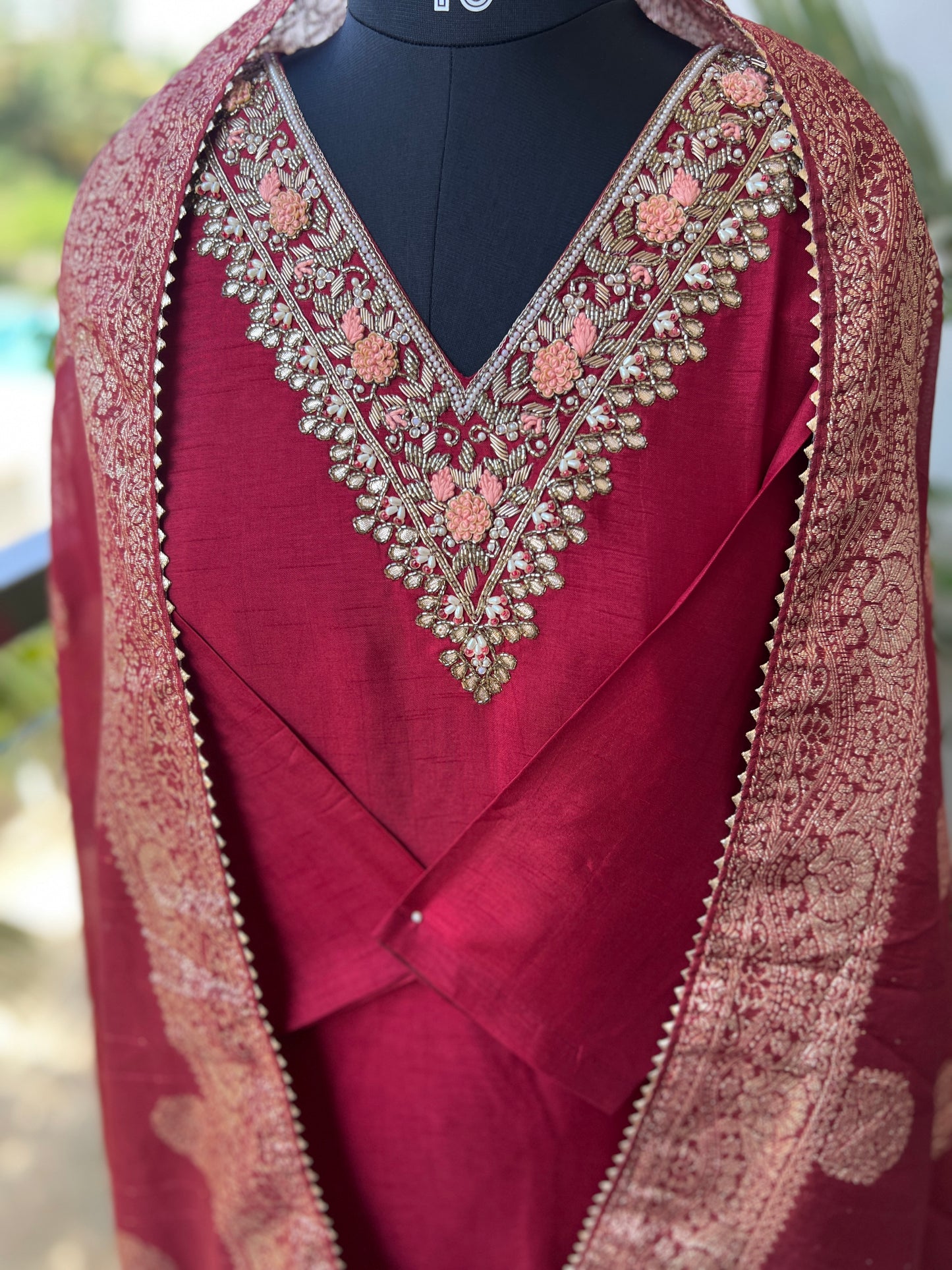 Maroon Dola Silk Suit with Handwork & Tissue Banarasi Dupatta