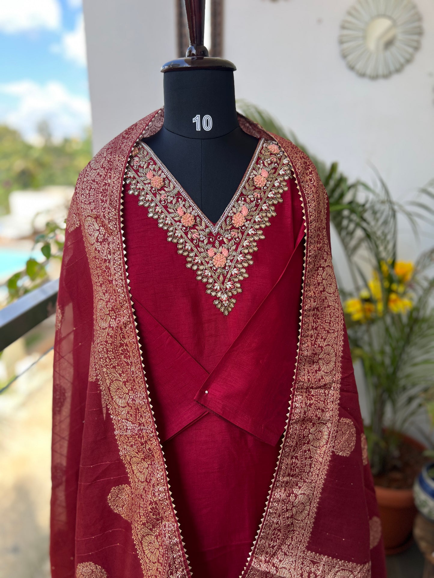 Maroon Dola Silk Suit with Handwork & Tissue Banarasi Dupatta