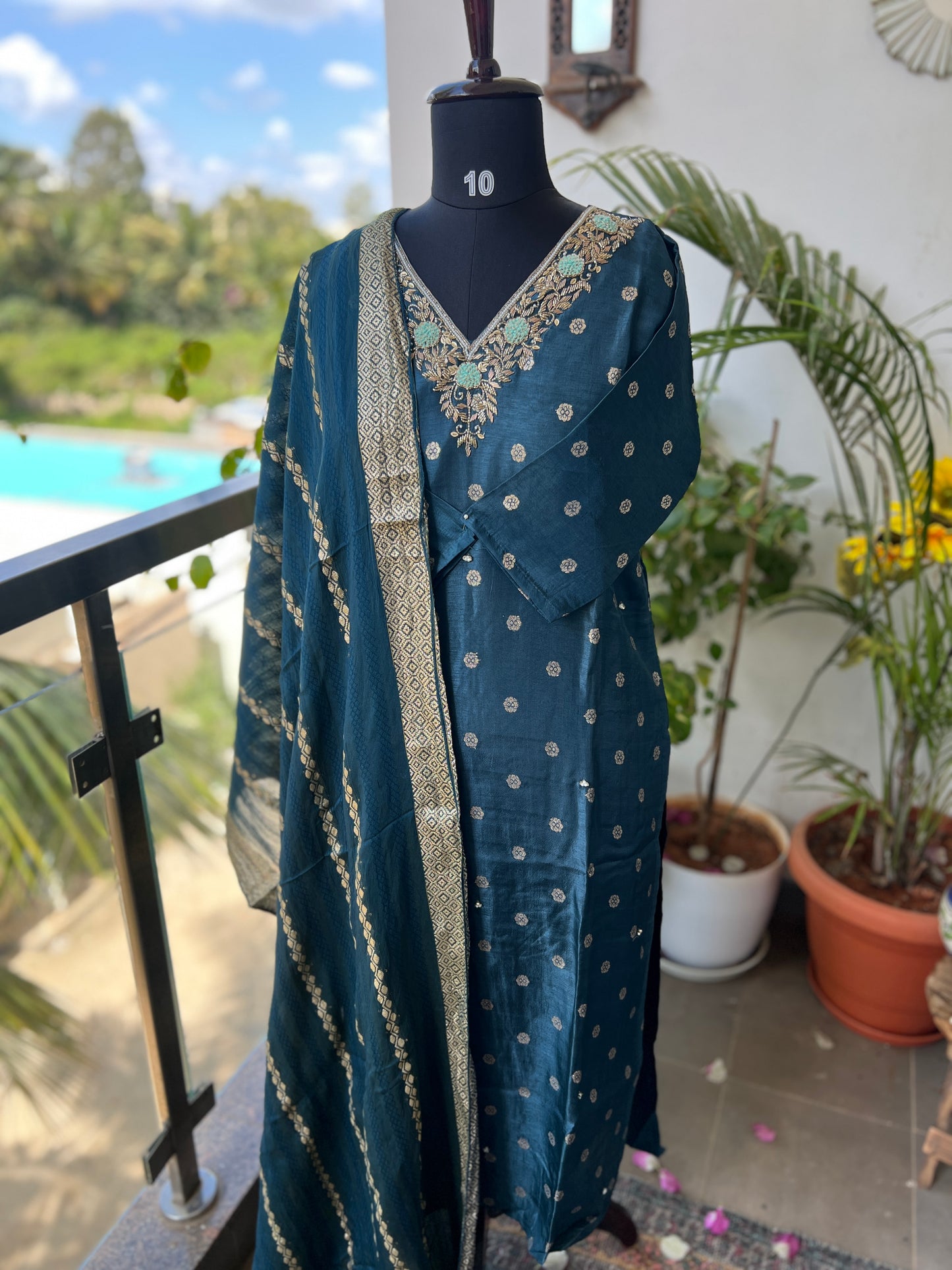Royal Teal – Russian Silk Ready to Wear Salwar Suit with Handwork Neck & Elegant Dupatta