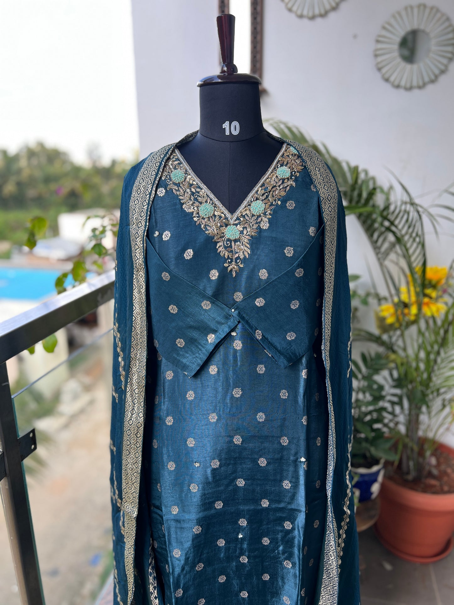 Royal Teal – Russian Silk Ready to Wear Salwar Suit with Handwork Neck & Elegant Dupatta