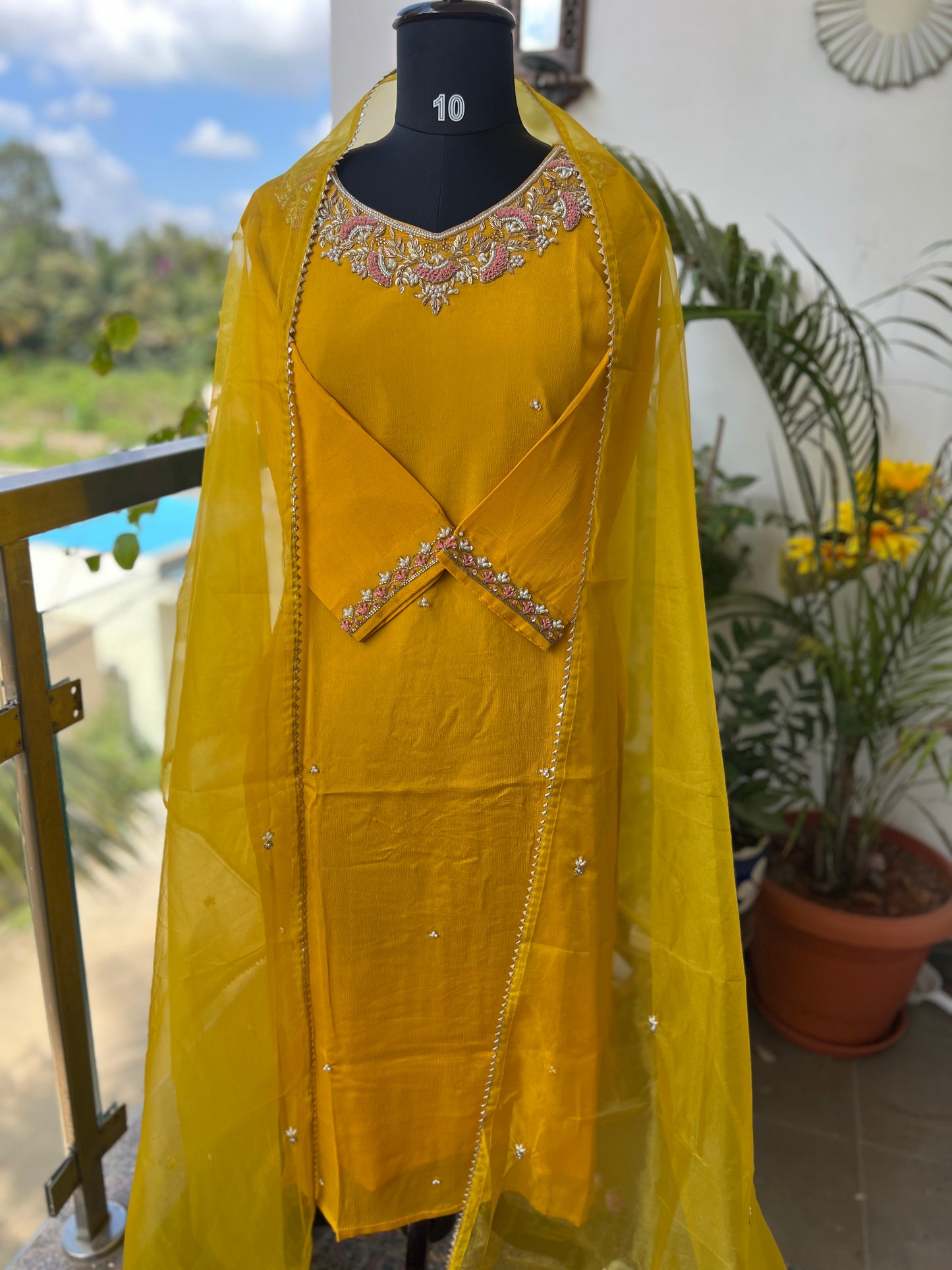 Mustard Yellow Chinnon Handwork Ready to wear Suit