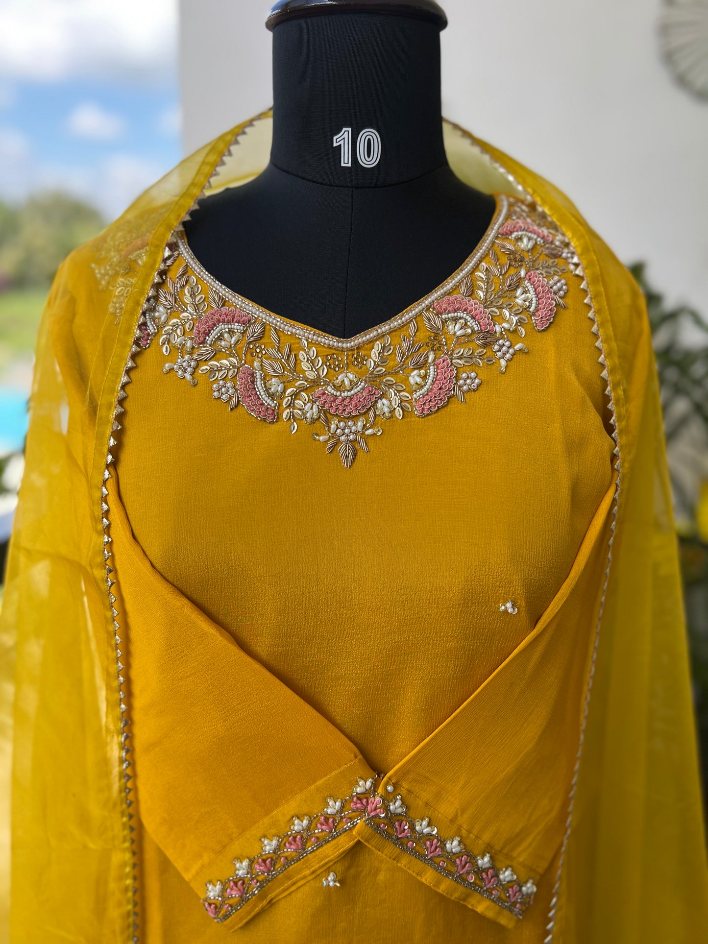 Mustard Yellow Chinnon Handwork Ready to wear Suit
