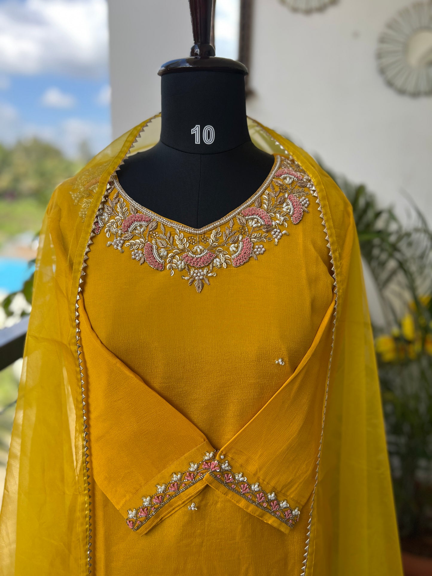 Mustard Yellow Chinnon Handwork Ready to wear Suit