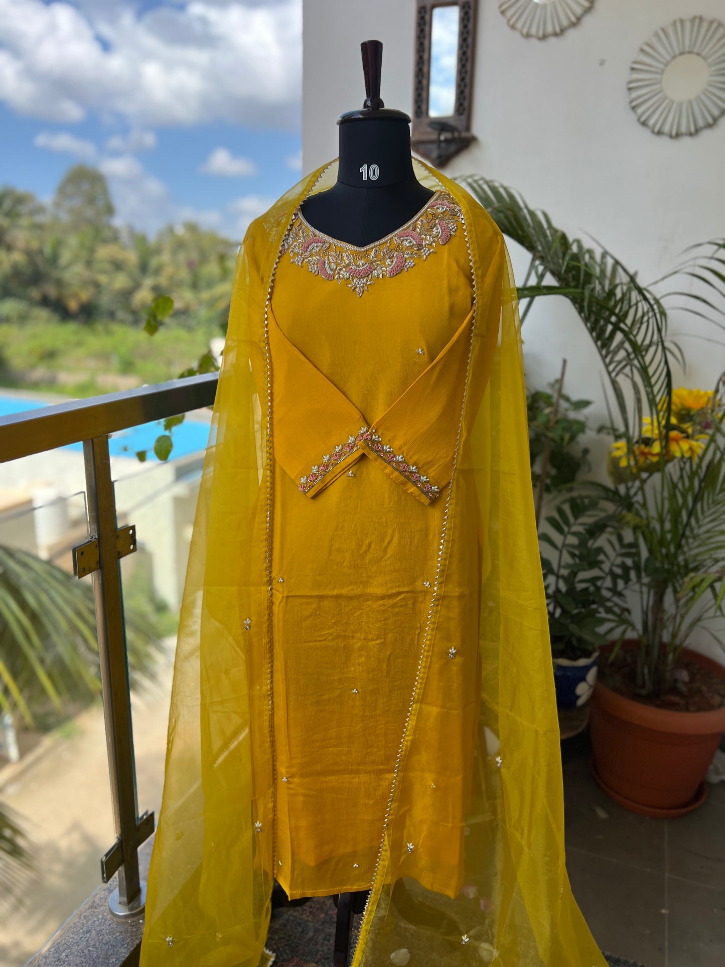 Mustard Yellow Chinnon Handwork Ready to wear Suit