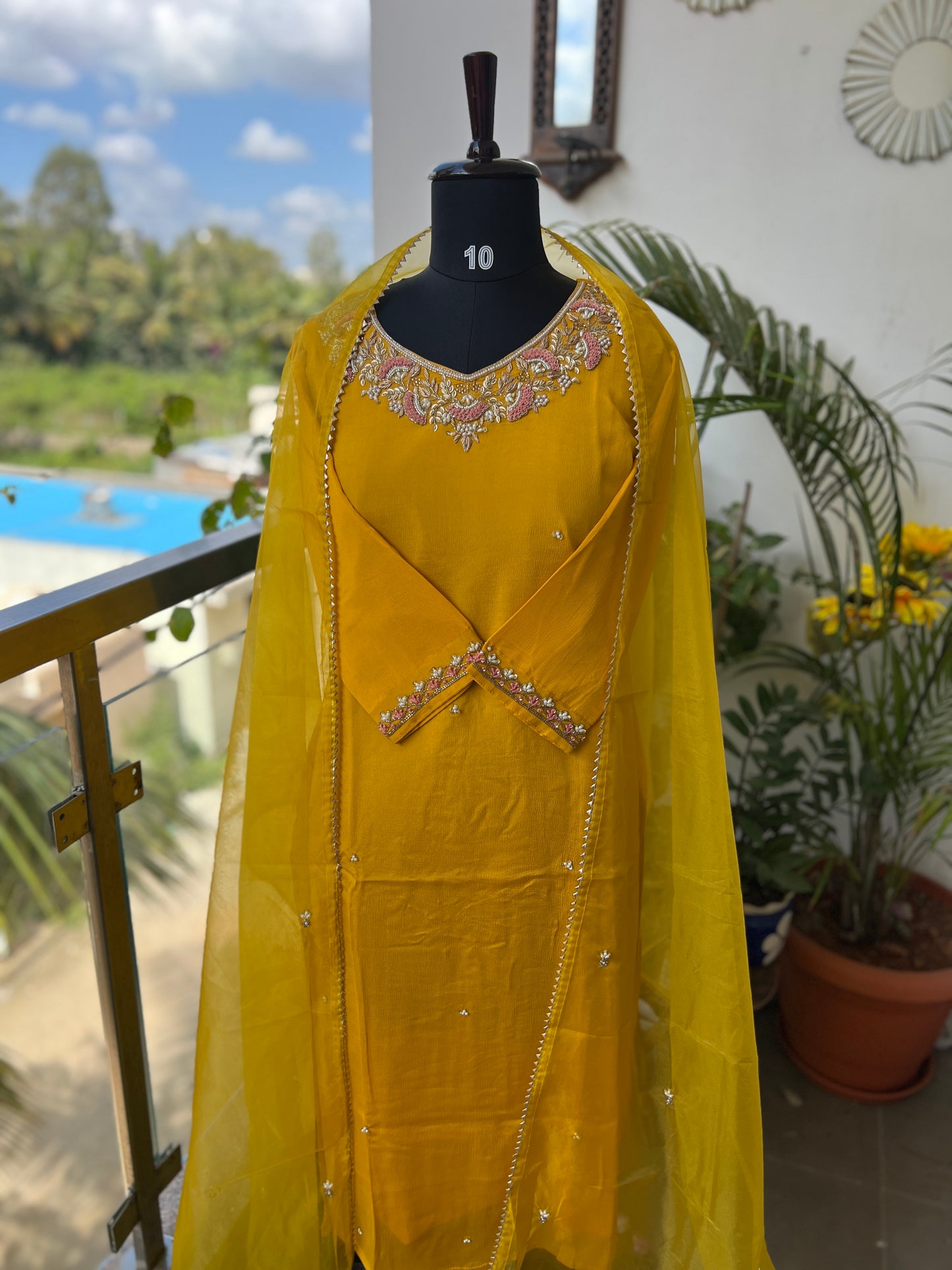 Mustard Yellow Chinnon Handwork Ready to wear Suit