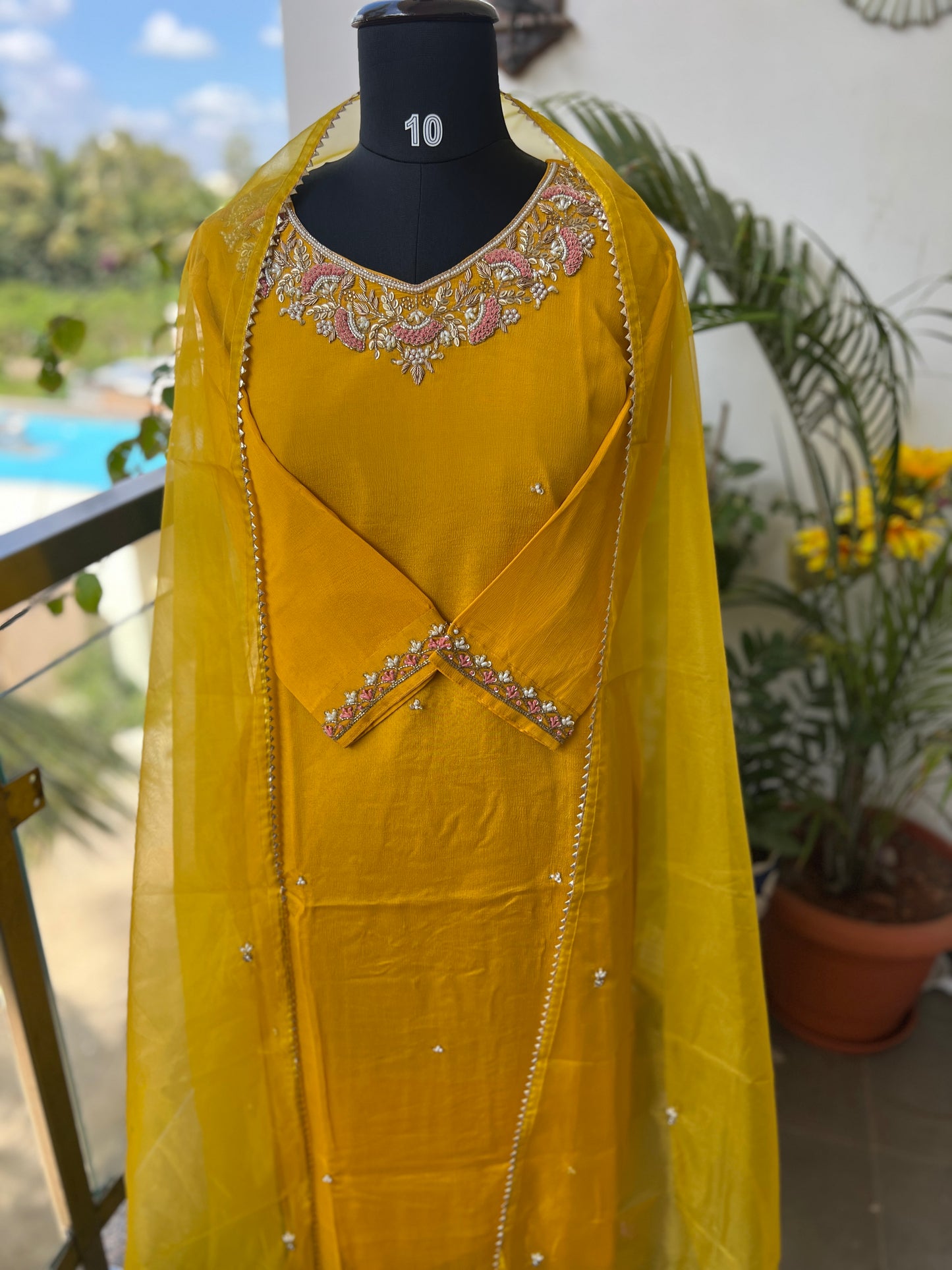 Mustard Yellow Chinnon Handwork Ready to wear Suit