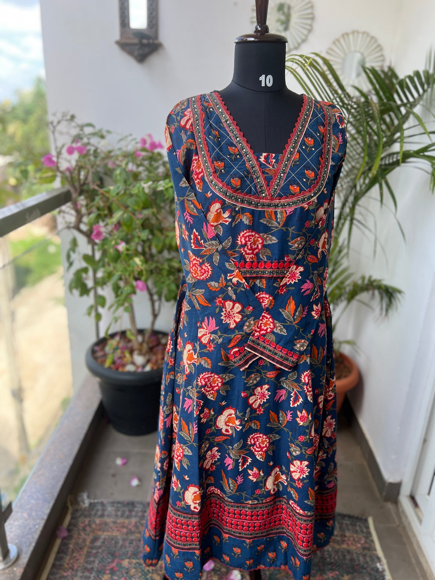 Navy Blue Floral Handblock Cotton Ready to wear Set with Embroidered Neckline