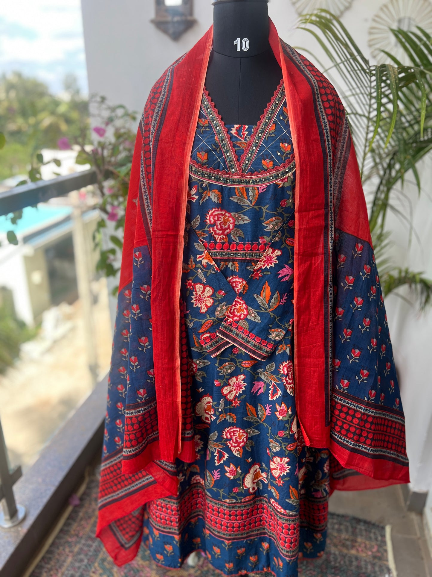Navy Blue Floral Handblock Cotton Ready to wear Set with Embroidered Neckline