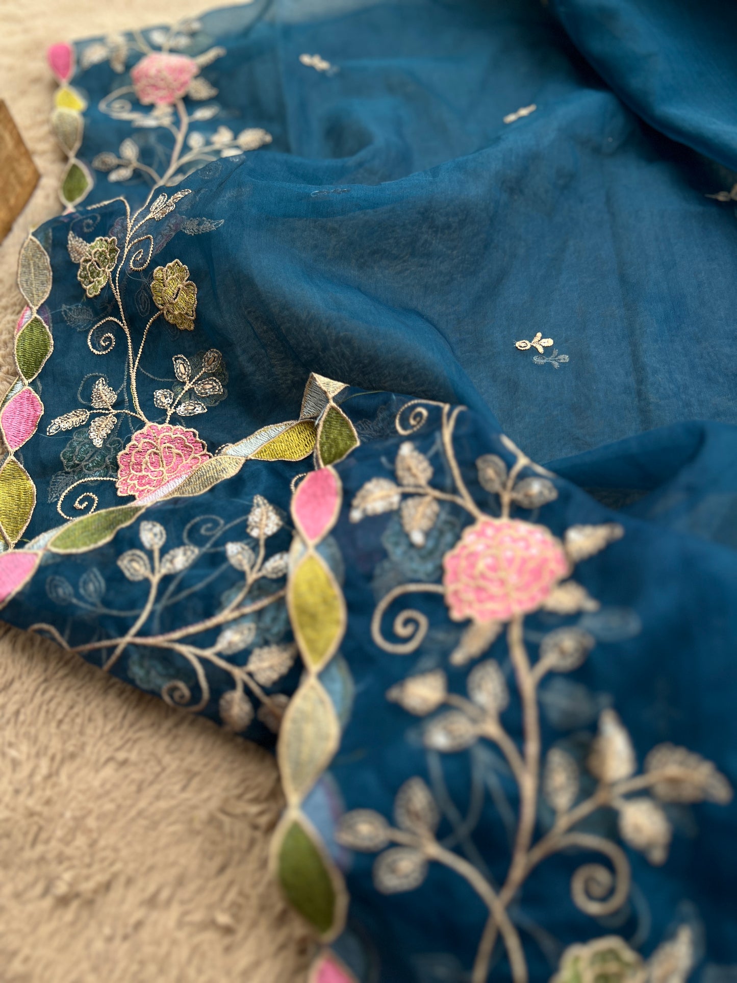 Teal Grace: Intricate Zari & Resham Embroidery in Pakistani Style