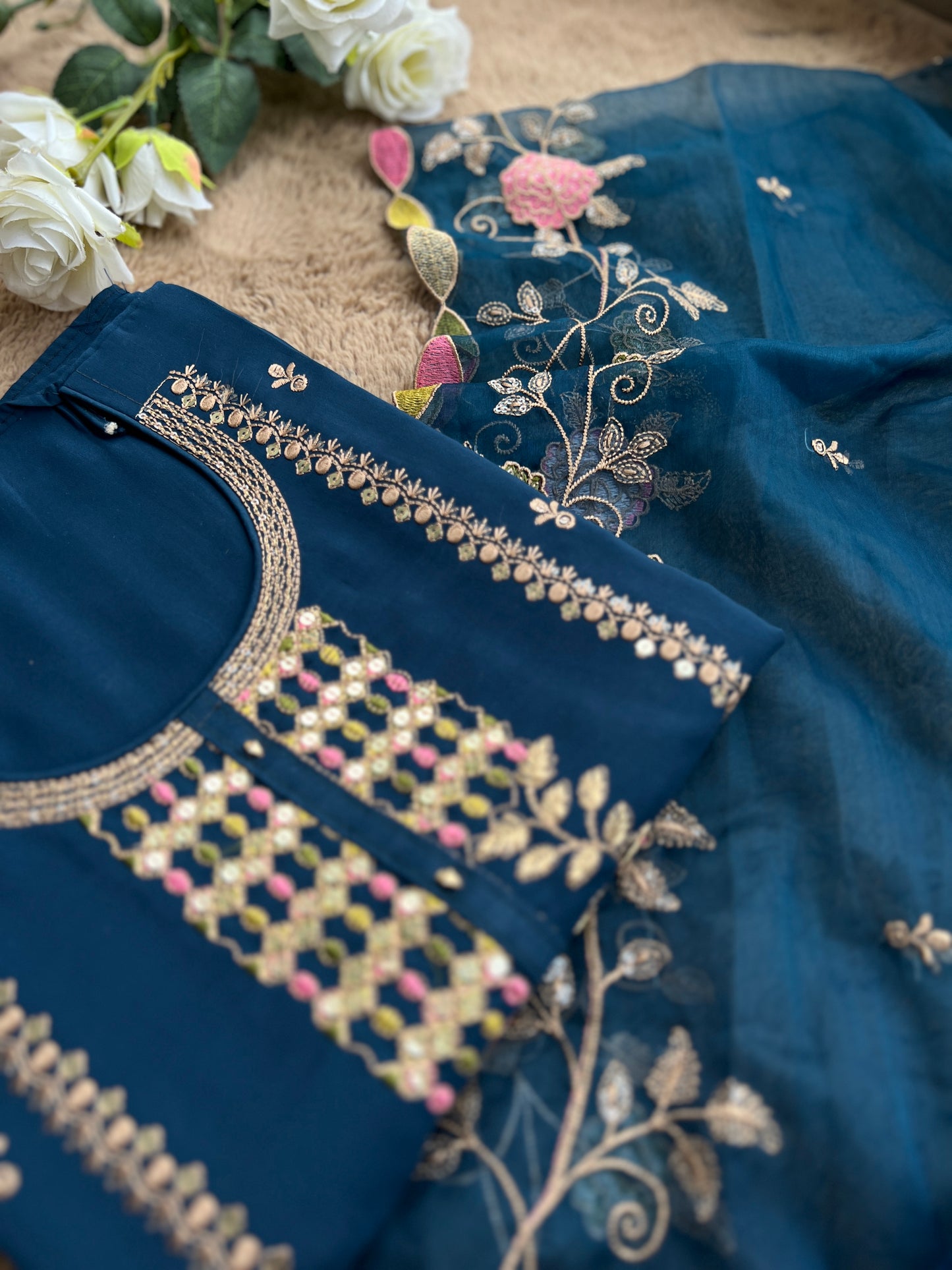 Teal Grace: Intricate Zari & Resham Embroidery in Pakistani Style