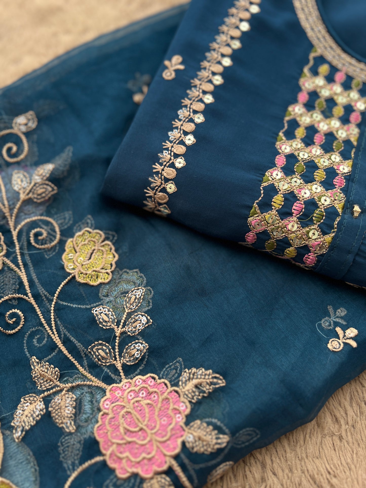 Teal Grace: Intricate Zari & Resham Embroidery in Pakistani Style