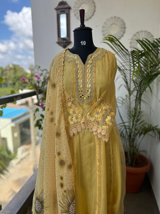 Yellow Shimmer Elegance with Mirror & Digital Dupatta