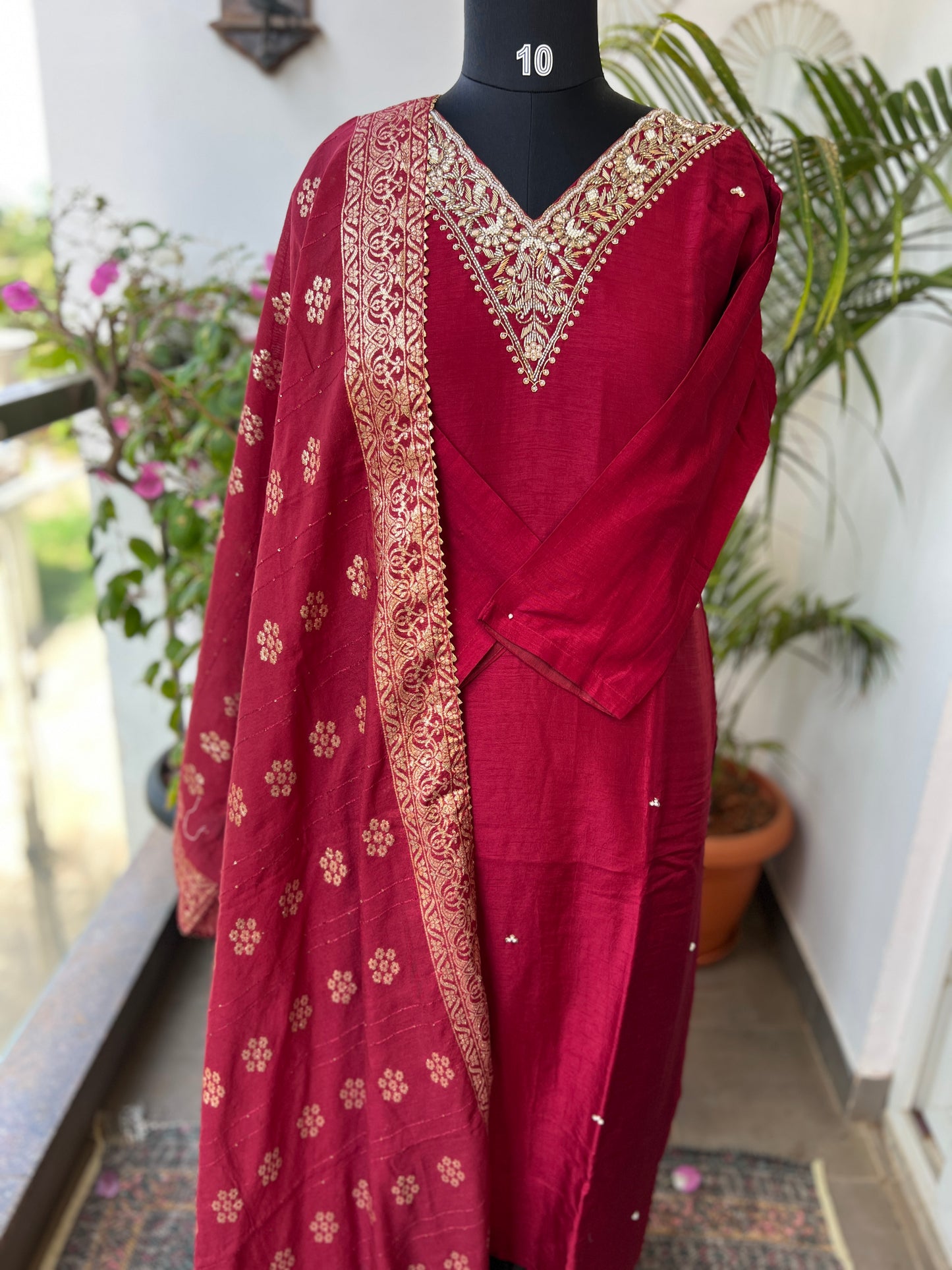 Deep Red Dola Silk Suit with Handwork & Banarasi Dup