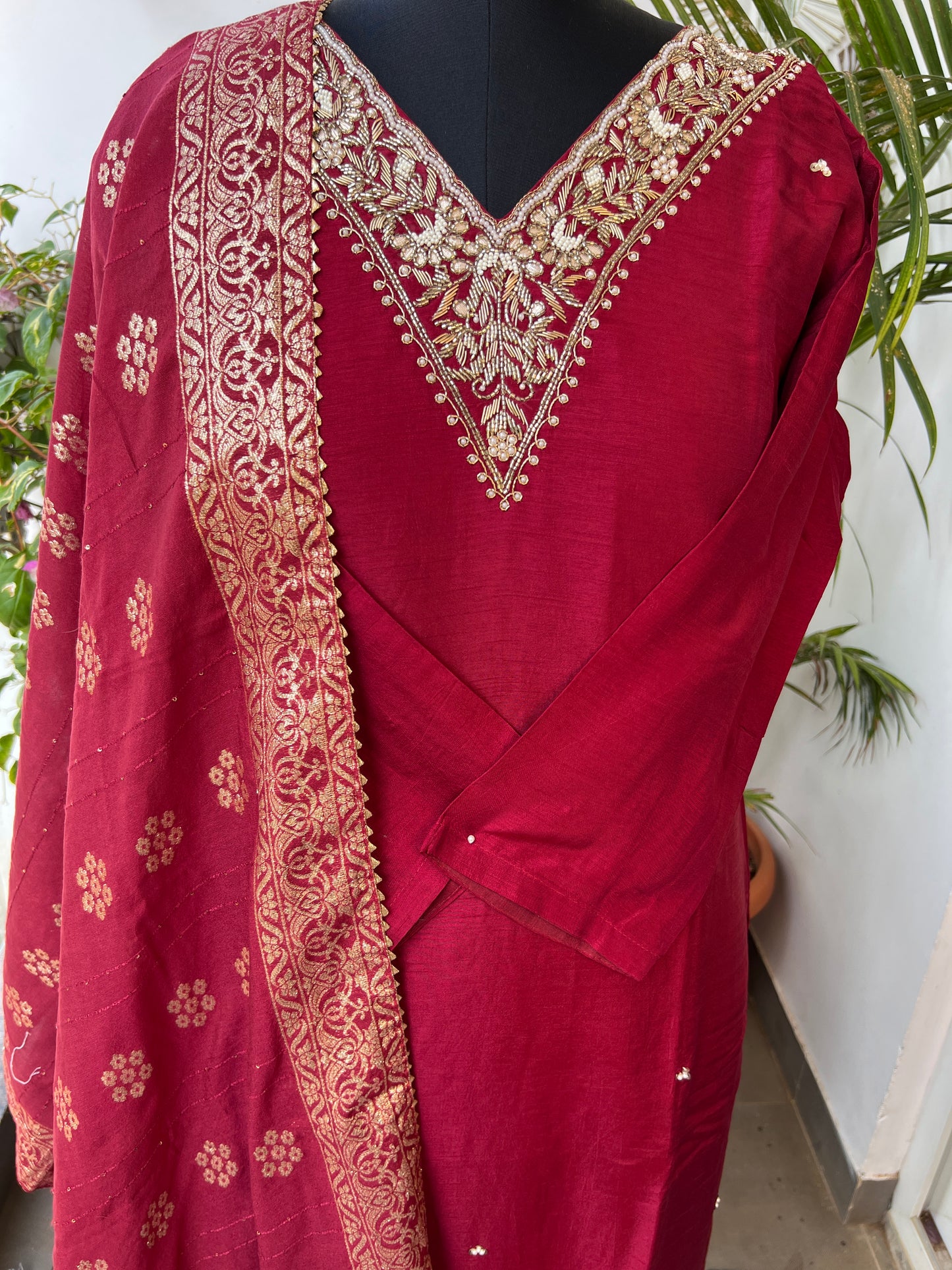 Deep Red Dola Silk Suit with Handwork & Banarasi Dup