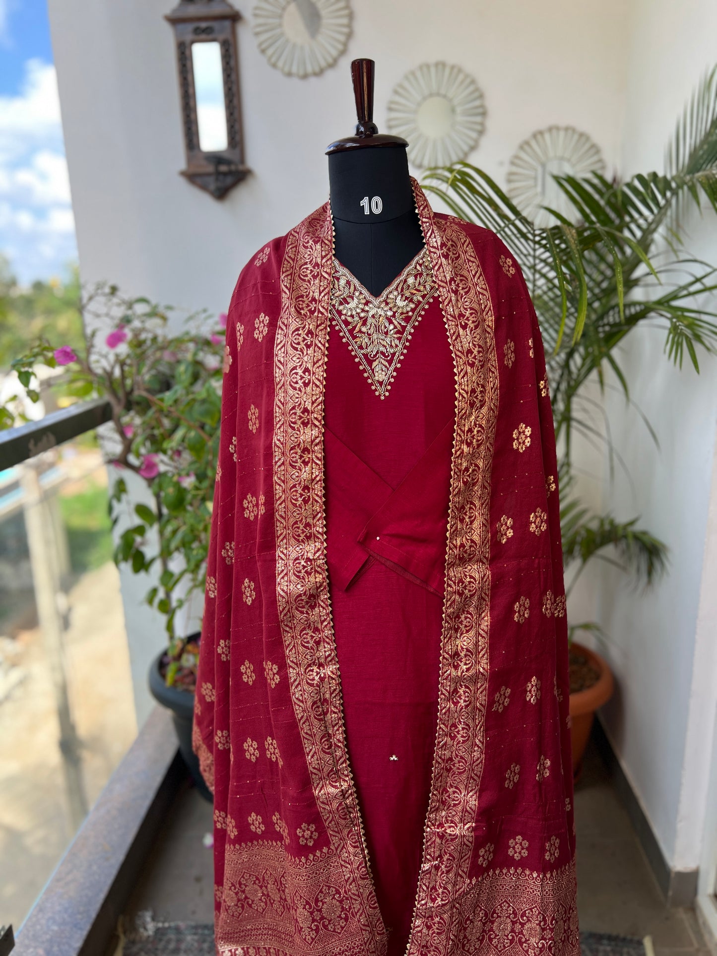 Deep Red Dola Silk Suit with Handwork & Banarasi Dup