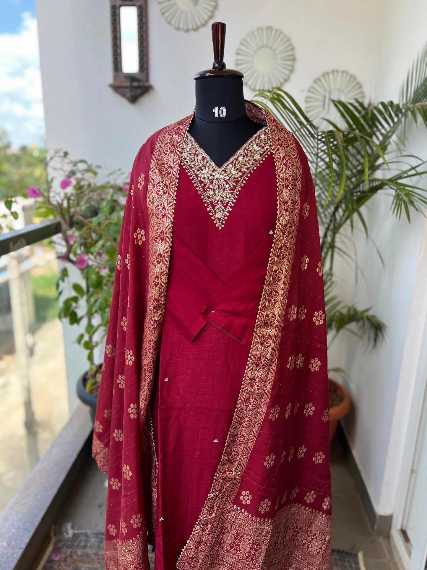 Deep Red Dola Silk Suit with Handwork & Banarasi Dup