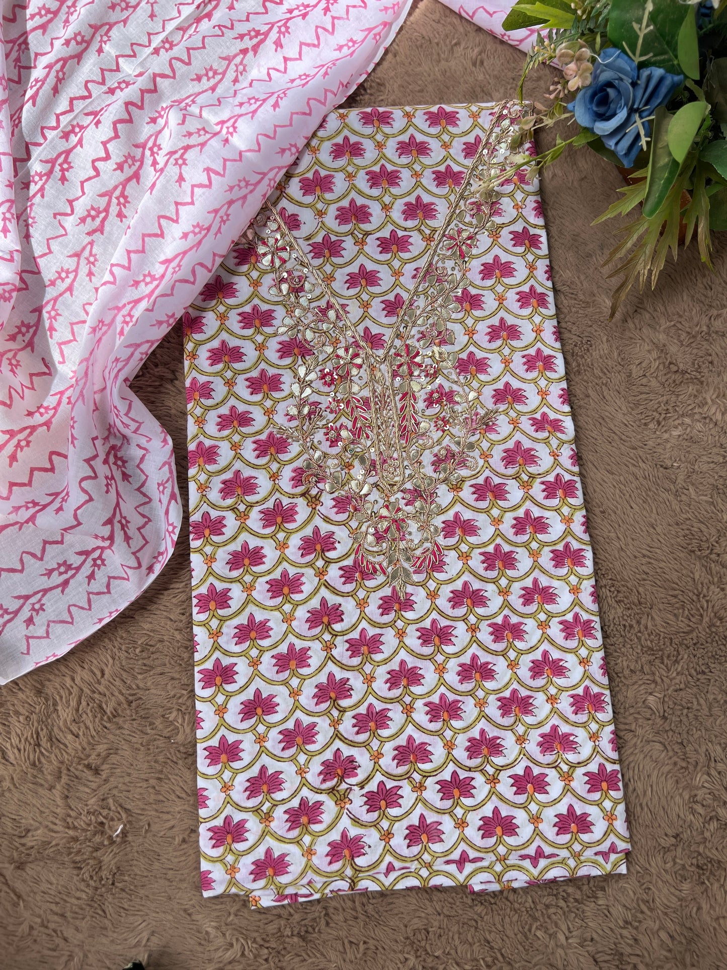 Floral Cotton Suit with Handcrafted Neck Embroidery