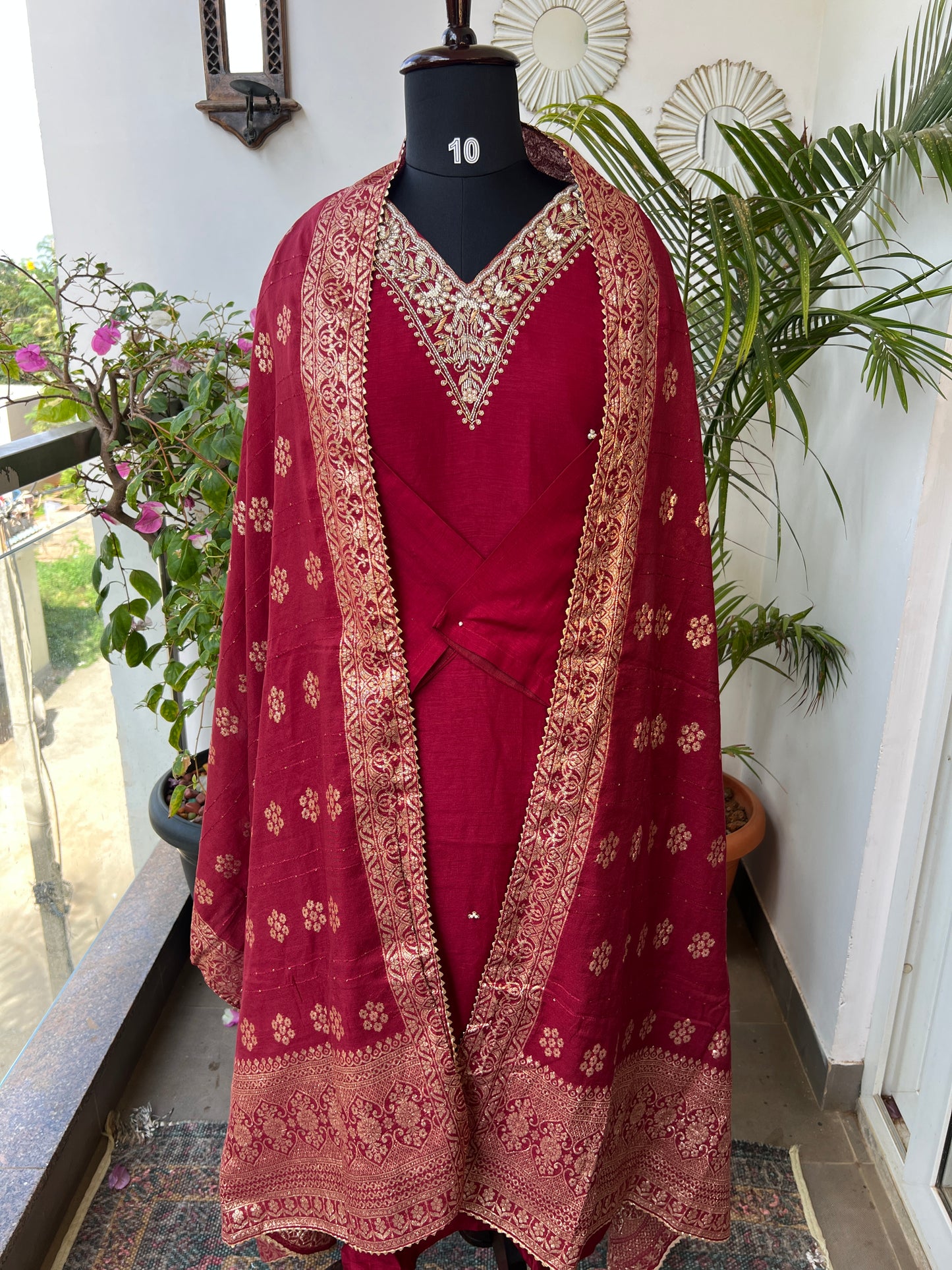 Deep Red Dola Silk Suit with Handwork & Banarasi Dup