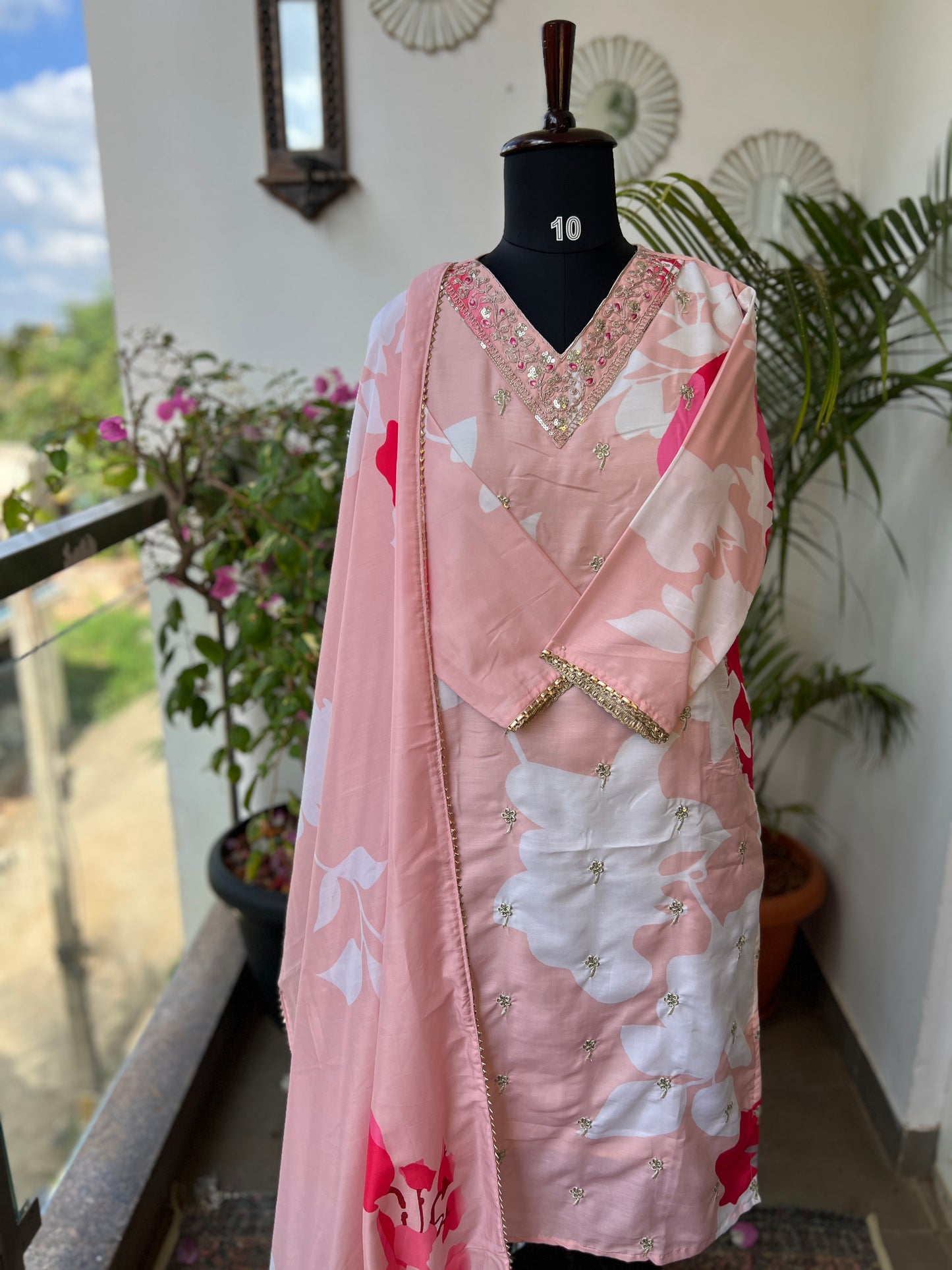 Maslin Printed Suit Set with Embroidered Neckline & Matching Dupatta