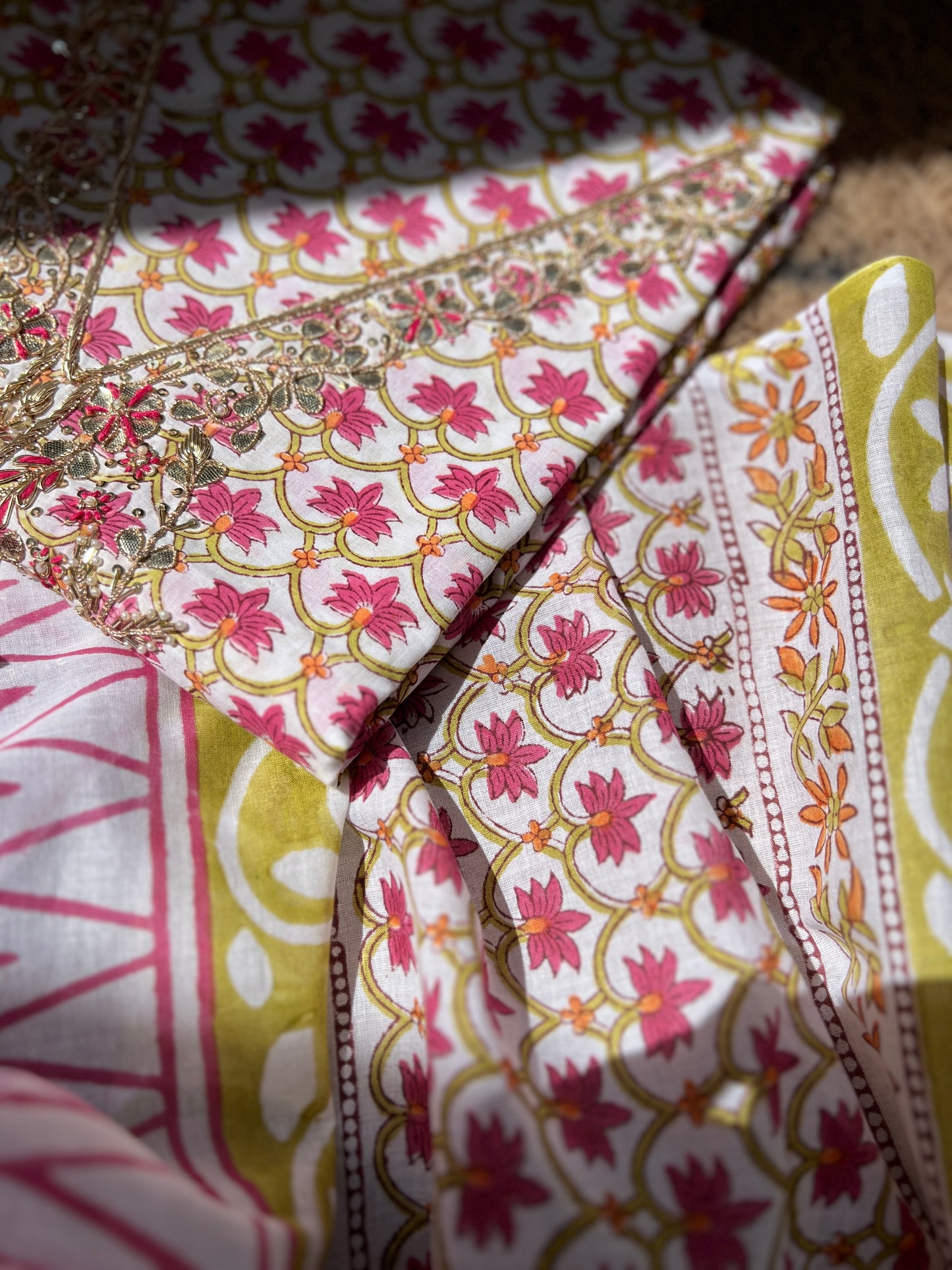 Floral Cotton Suit with Handcrafted Neck Embroidery