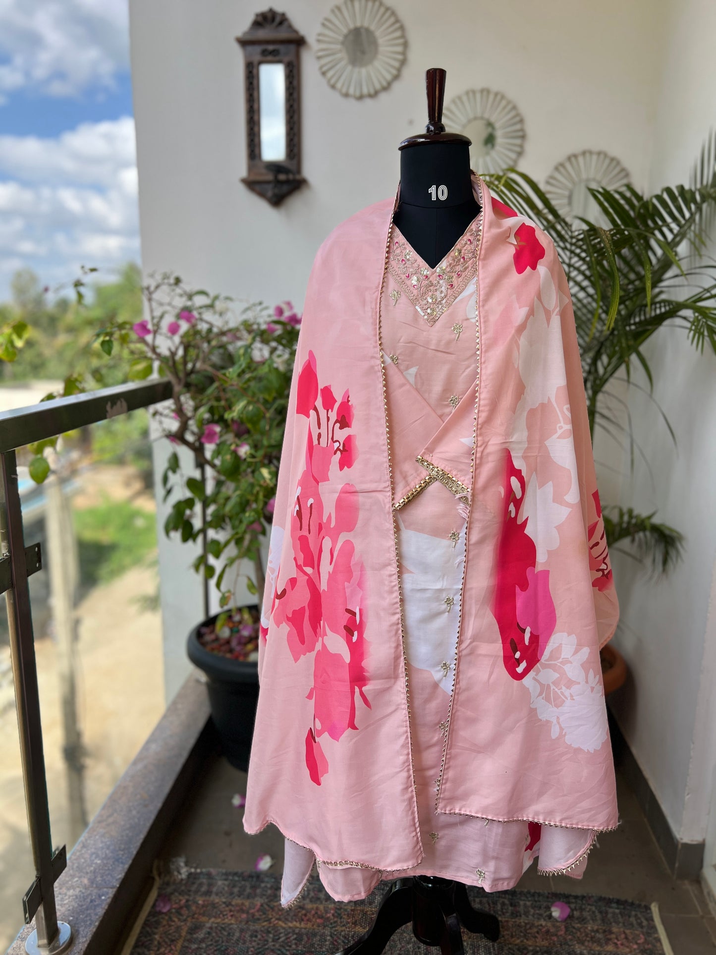 Maslin Printed Suit Set with Embroidered Neckline & Matching Dupatta