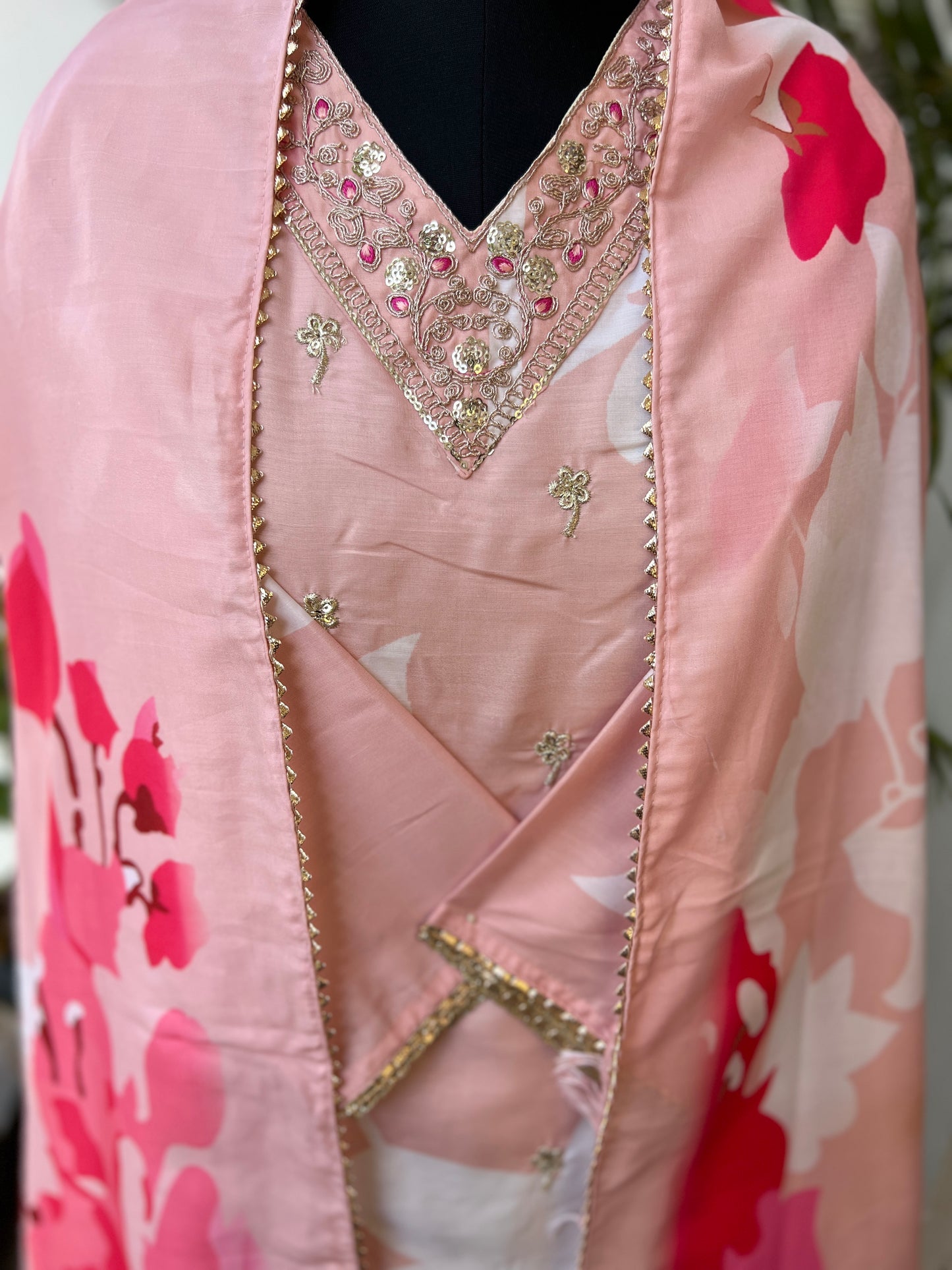 Maslin Printed Suit Set with Embroidered Neckline & Matching Dupatta