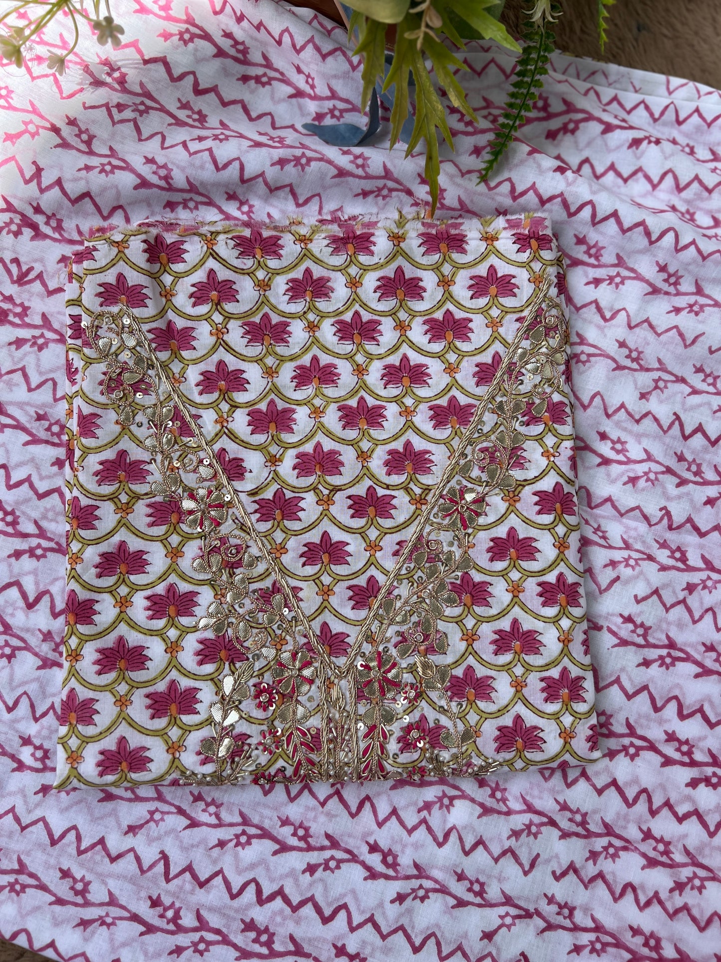 Floral Cotton Suit with Handcrafted Neck Embroidery