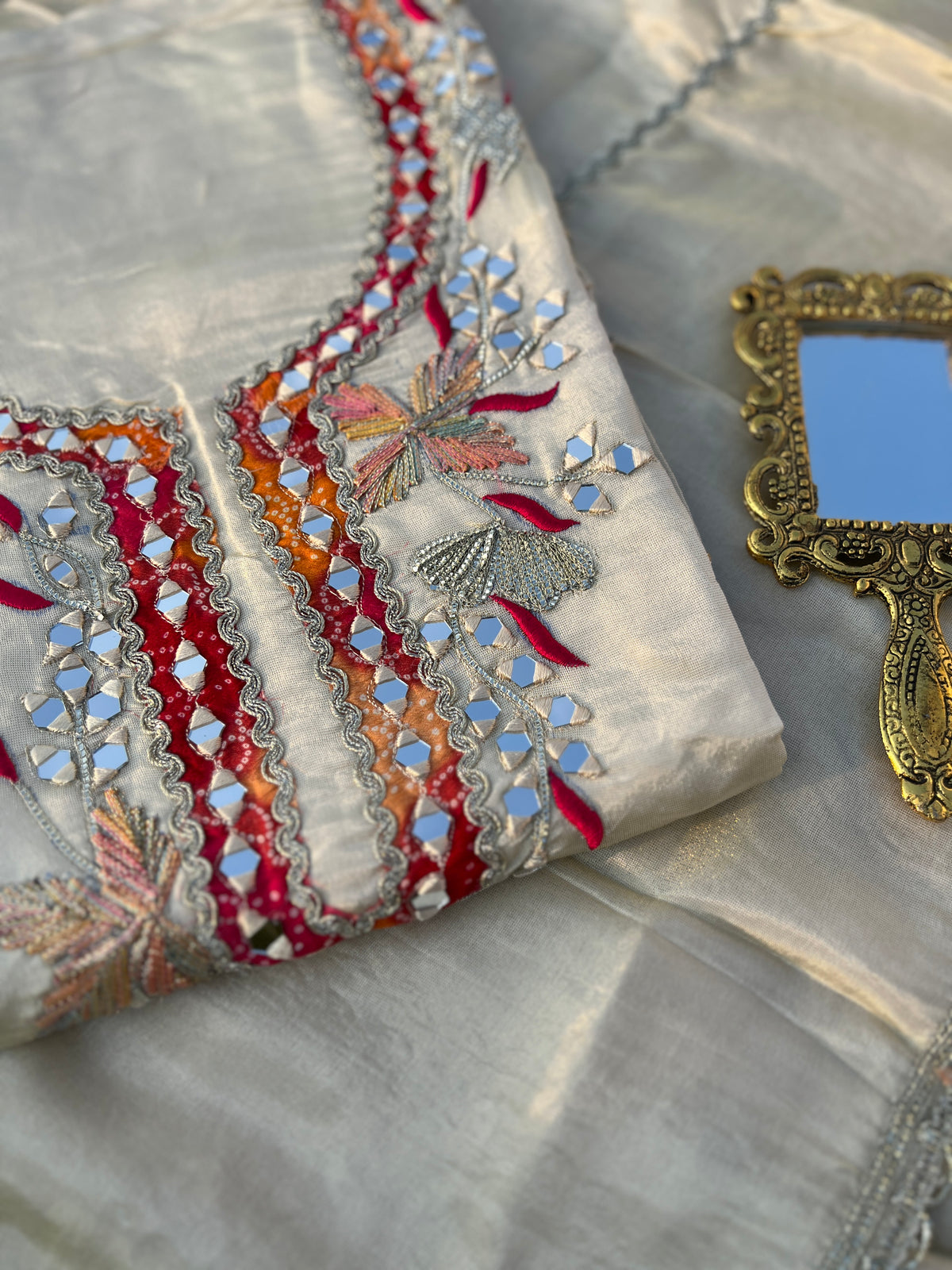 Ivory Shimmer Silk Suit with Multicolour Hand Embroidery & Mirror Work
