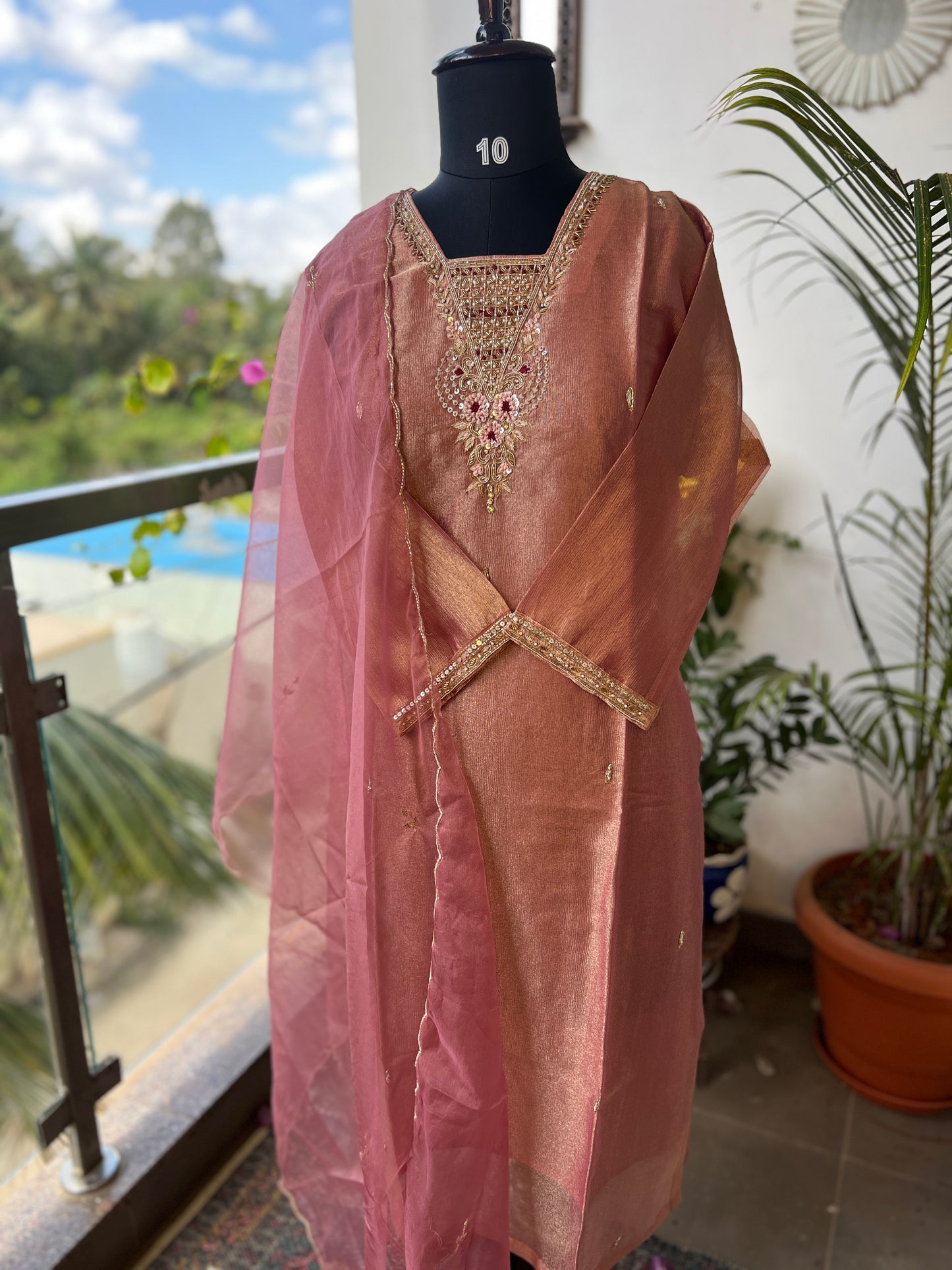 Shimmer Tissue Handworked Salwar Suit with Organza Dupatta – Festive Elegance