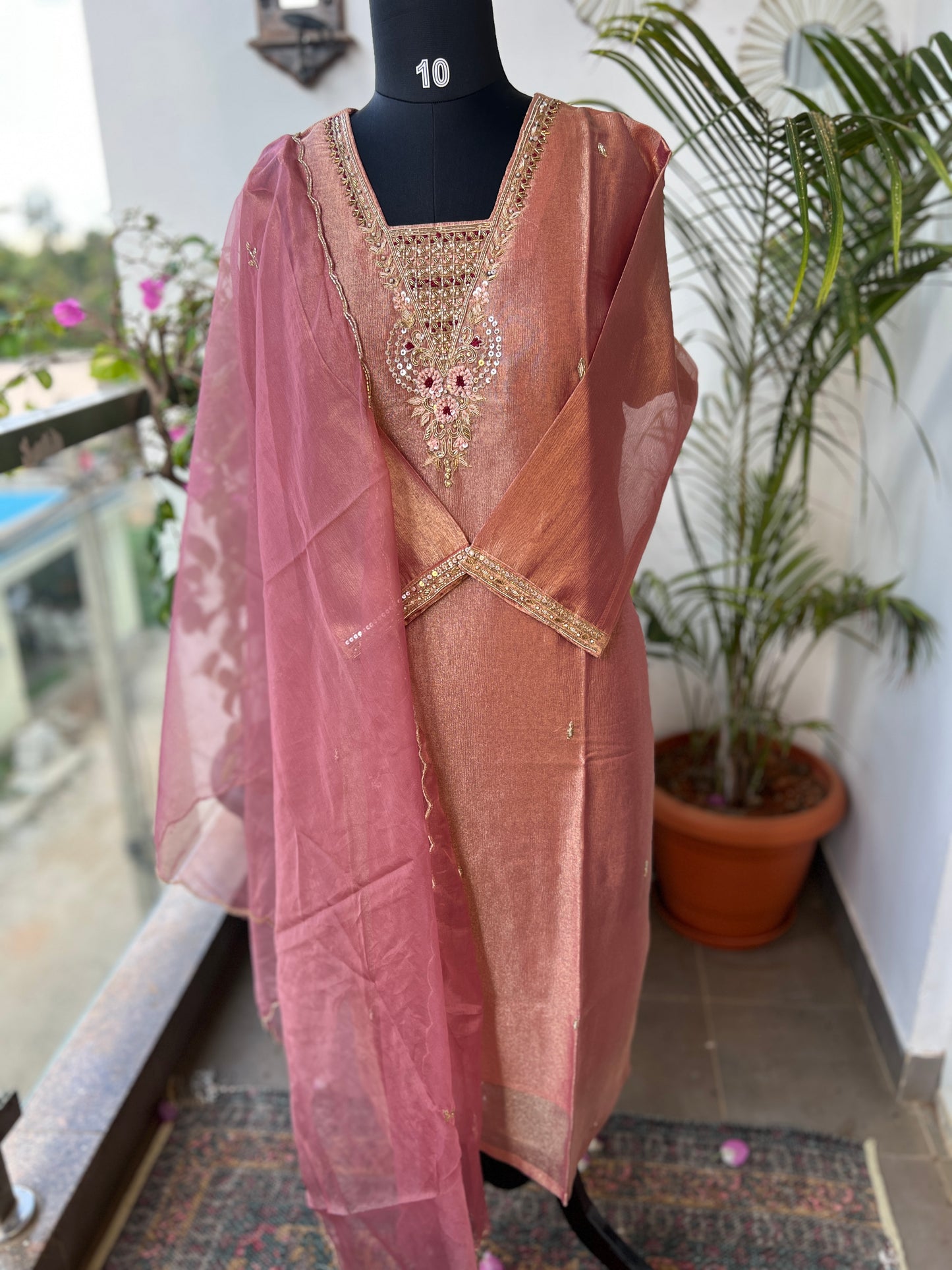 Shimmer Tissue Handworked Salwar Suit with Organza Dupatta – Festive Elegance