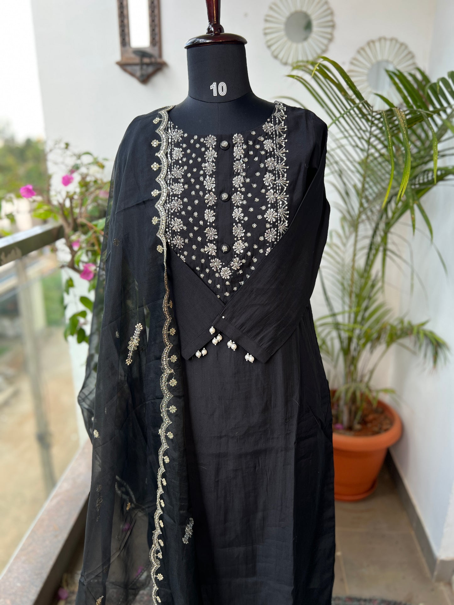 Black Modal Maslin Suit with Cut Dana Neck Work & Embroidered Organza Dupatta