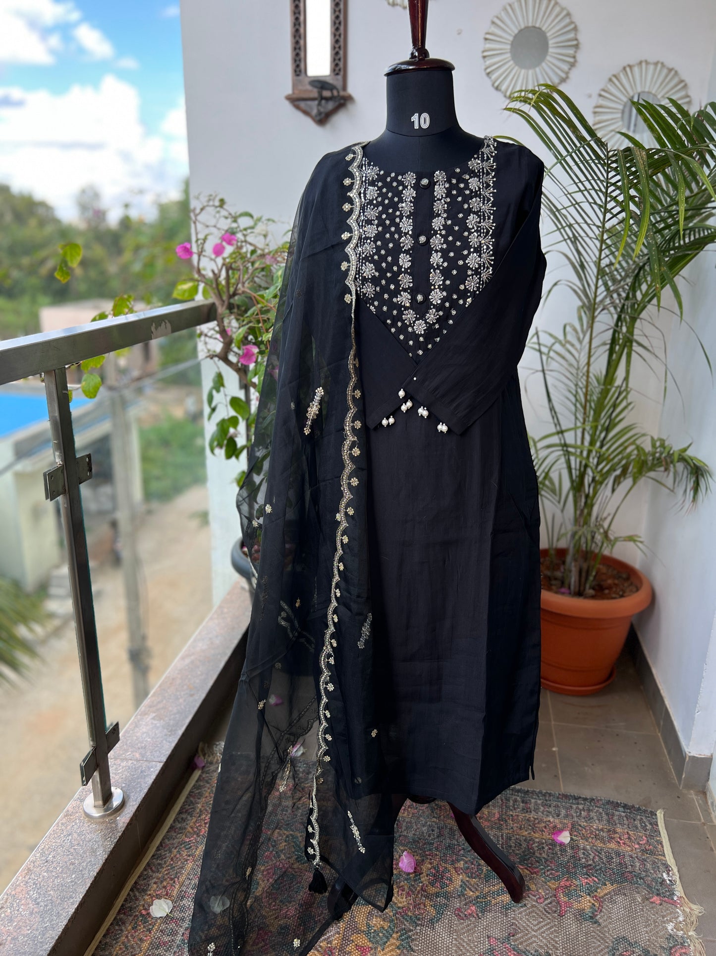 Black Modal Maslin Suit with Cut Dana Neck Work & Embroidered Organza Dupatta