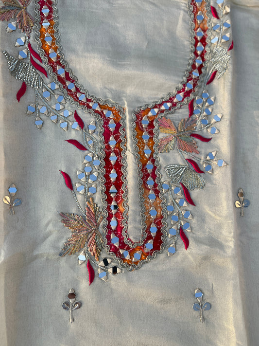 Ivory Shimmer Silk Suit with Multicolour Hand Embroidery & Mirror Work