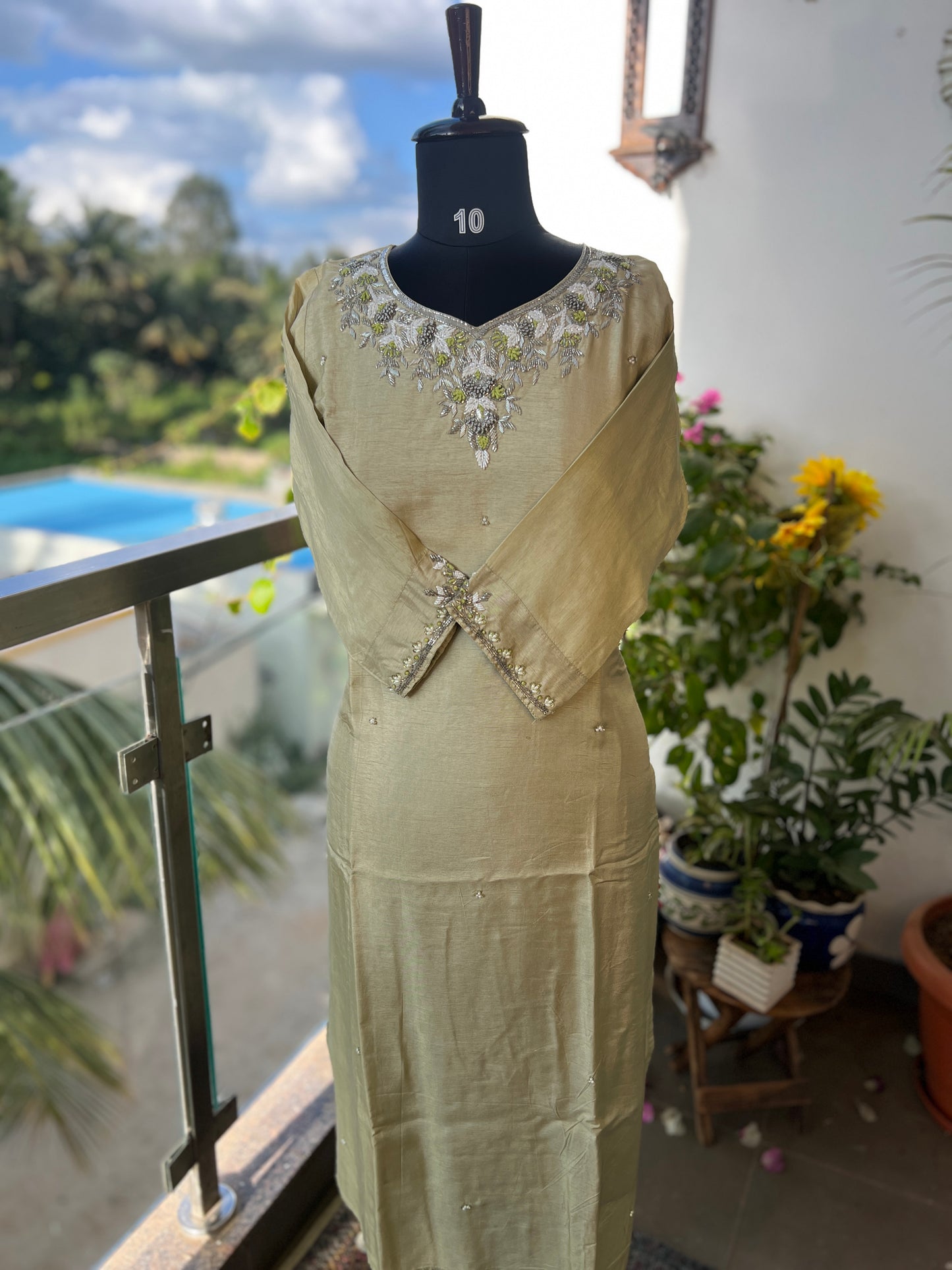 Olive Elegance – Handwork Ready-to-Wear Dola Silk Suit