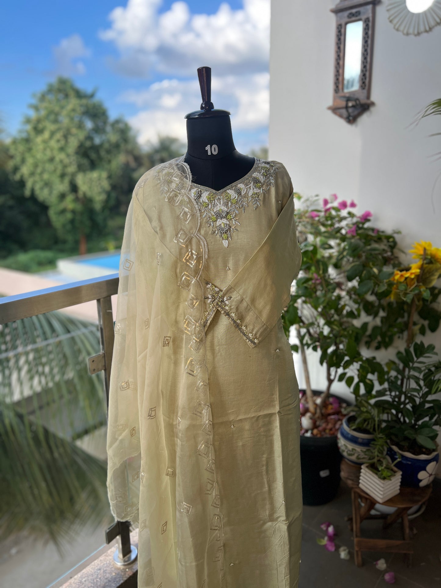 Olive Elegance – Handwork Ready-to-Wear Dola Silk Suit