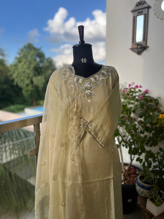 Olive Elegance – Handwork Ready-to-Wear Dola Silk Suit