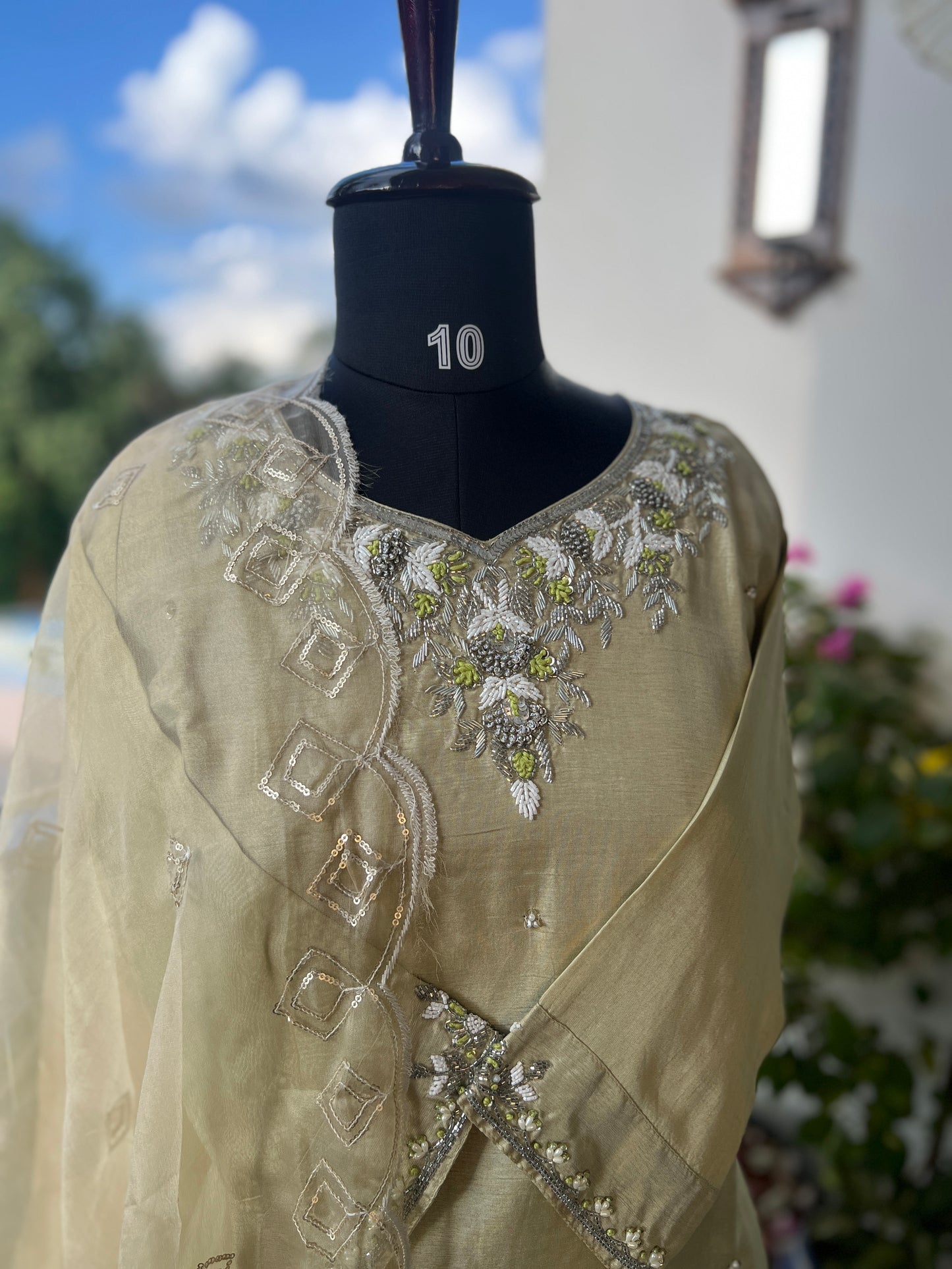 Olive Elegance – Handwork Ready-to-Wear Dola Silk Suit