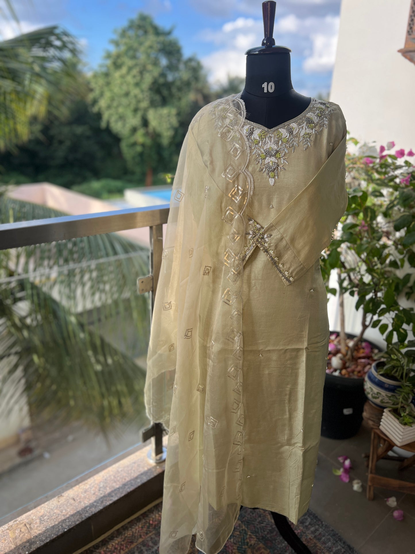 Olive Elegance – Handwork Ready-to-Wear Dola Silk Suit