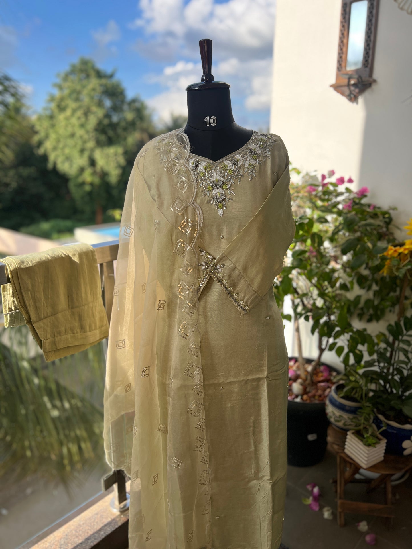 Olive Elegance – Handwork Ready-to-Wear Dola Silk Suit