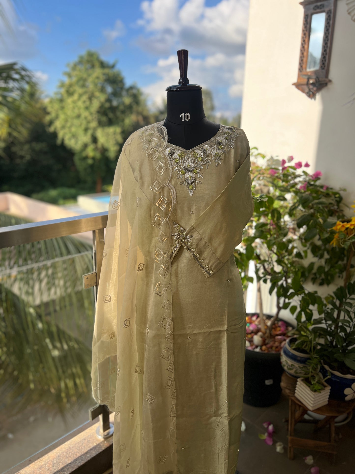 Olive Elegance – Handwork Ready-to-Wear Dola Silk Suit