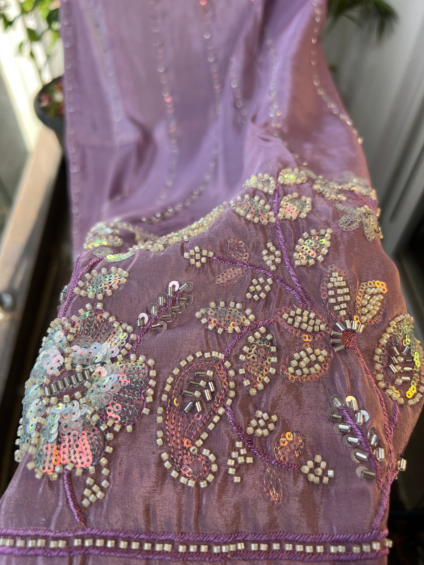 Shimmering Silk Elegance with Beaded Pearl Detailing